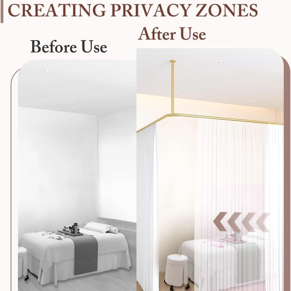 Beauty Salon Room Divider Curtain Rod, L Shaped Corner Curtain Rod, Wall Mount Curtain Partition Rod for Massage Room, Bedroom, Clinic, Shared Bedroom(Gold)