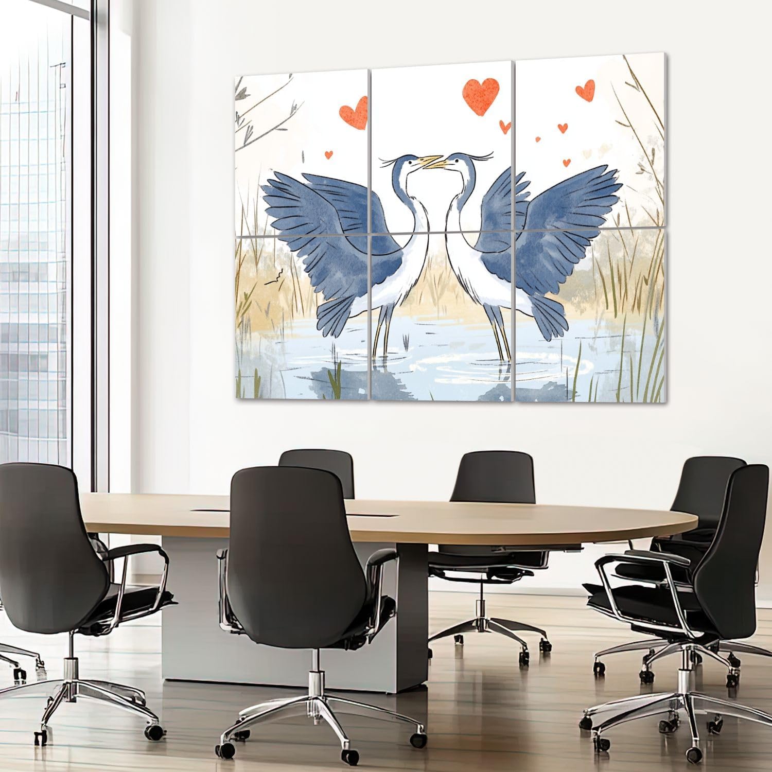 6 Pack Art Acoustic Panels Sound Absorbing Couple Coastal Crane Love Birds Two Cranes Water Grass Hearts Romantic Decorative Soundproof Wall Panels Self Adhesive for Recording Studios Office 72