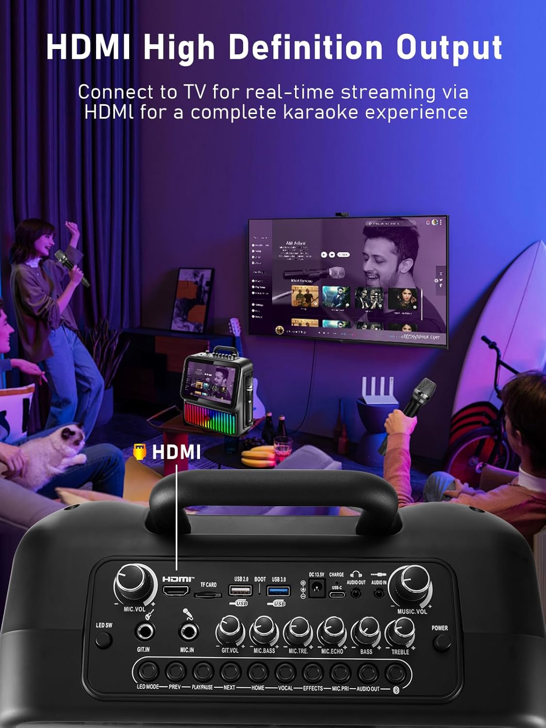 Smart Karaoke Machine, Bluetooth Karaoke Speaker with 2 Wireless Microphones，DJ Lights for Home Party Gathering, Karaoke Microphone Wireless PA System Supports