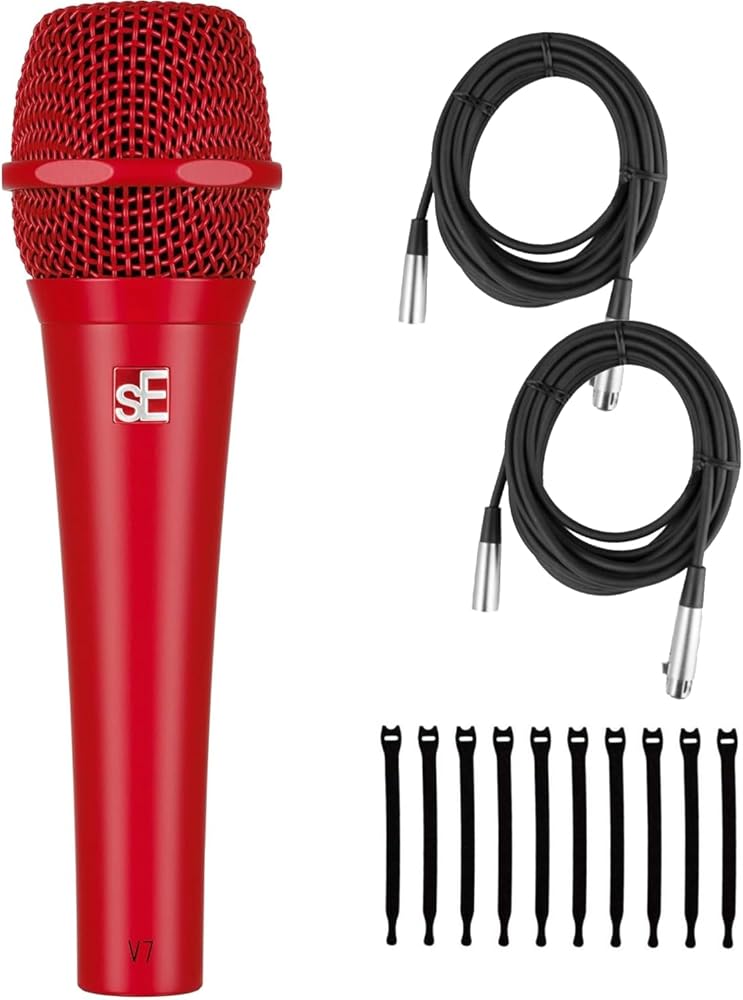 Briskdrop sE Electronics V7 Red Dynamic Supercardioid Handheld Microphone, Red - Bundle with 2 XLR Cables and 10 Cable Ties