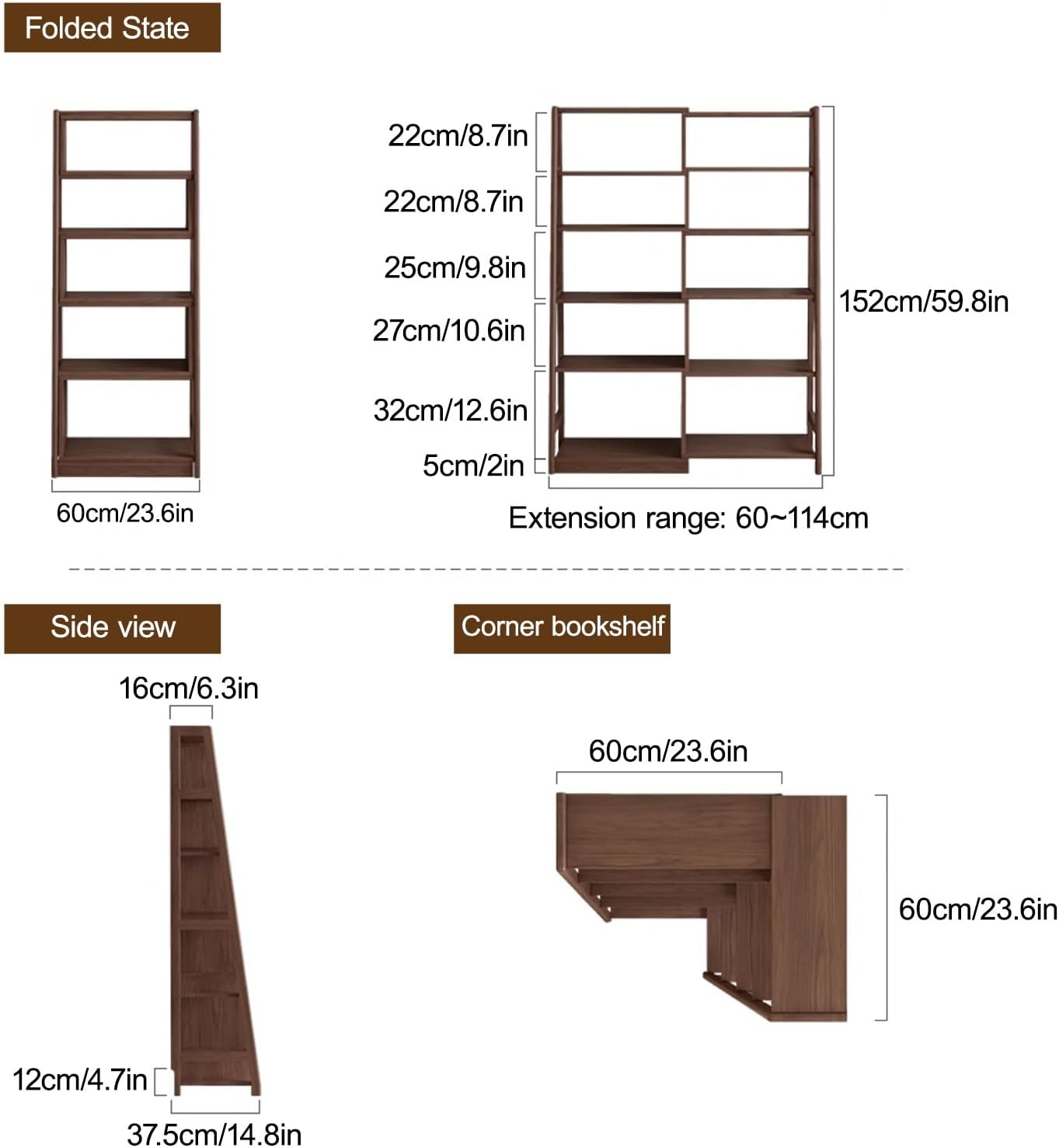 Expandable 3-in-1 Convertible Bookcase with Adjustable Width, Storage Organizer Bookcase Corner & Straight Shelf Design for Living Room Bedroom