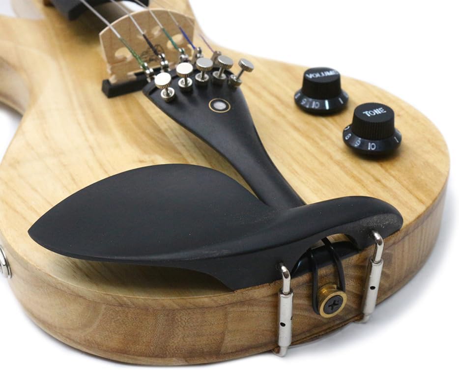 Electric Violin 4/4 Full Size Solid Wood Guitar Shape Body Silent Violin Set for Adults Beginner Practice Electric Fiddle with Ebony Fittings Hard Case & Bow (5 Strings log Color Big Jack)