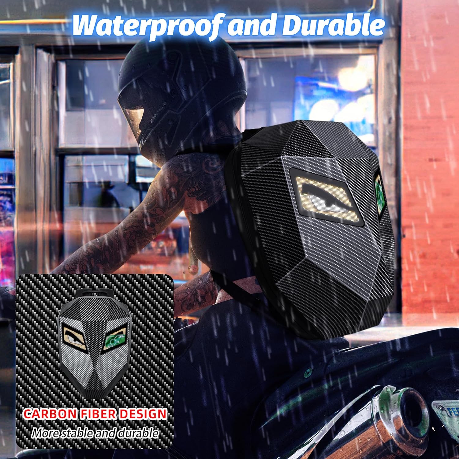19inch LED Motorcyle Knight Backpack for Men,Hard Case Riding Backpack Motorbike Laptop Bag Waterproof, DIY Programmable Full Color Display & Eyes