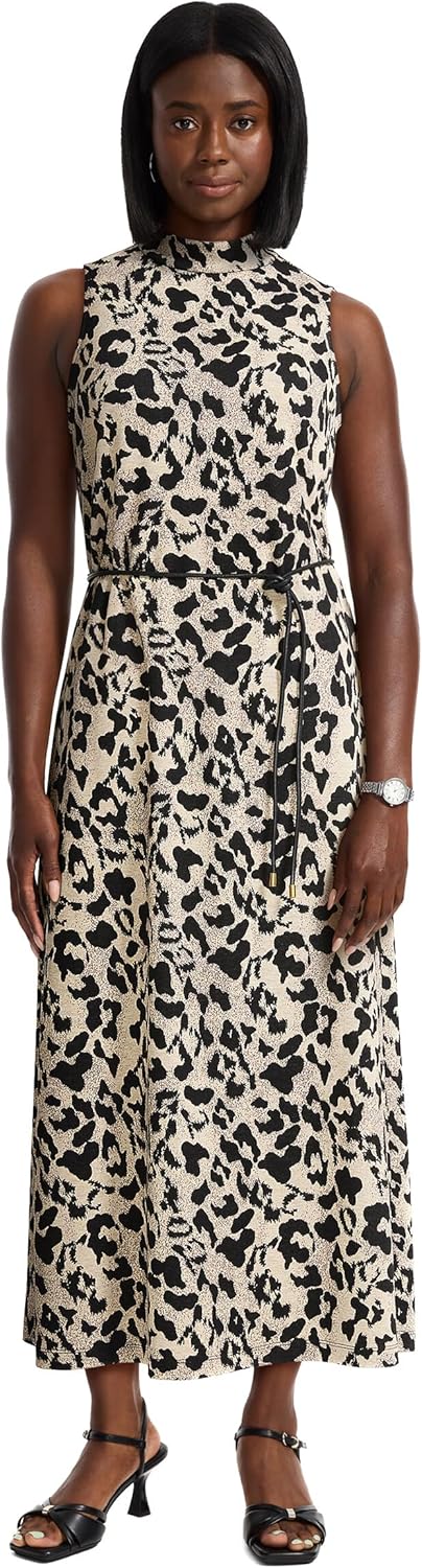 Anne Klein Women's Sleeveless Cheetah Print Belted Midi Dress