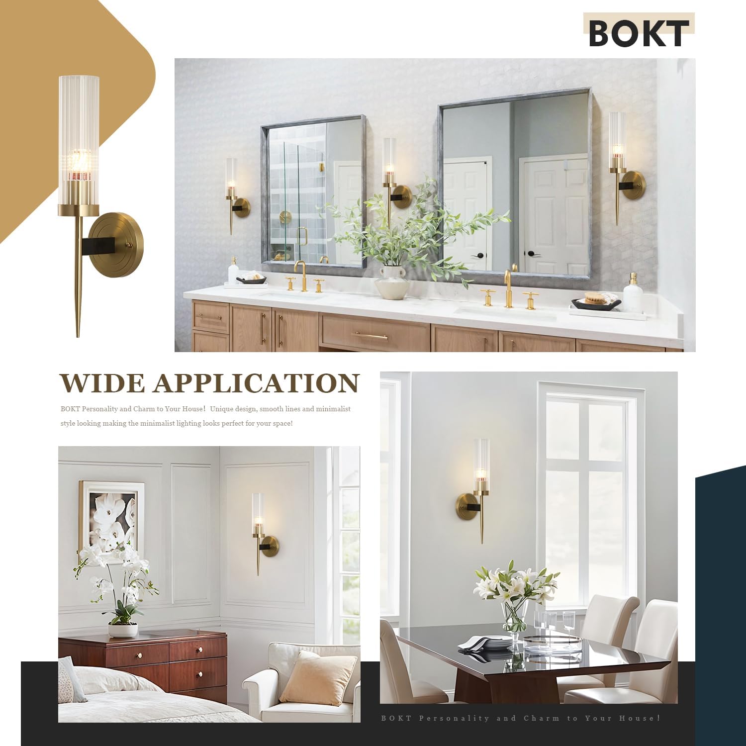 BOKT Mid-Century Modern Gold Wall Light Cylinder Glass Wall Sconce Anti Brushed Brass Long Wall Sconce Light Vintage Bathroom Globe Wall Mount Light Bar Wall Lamp