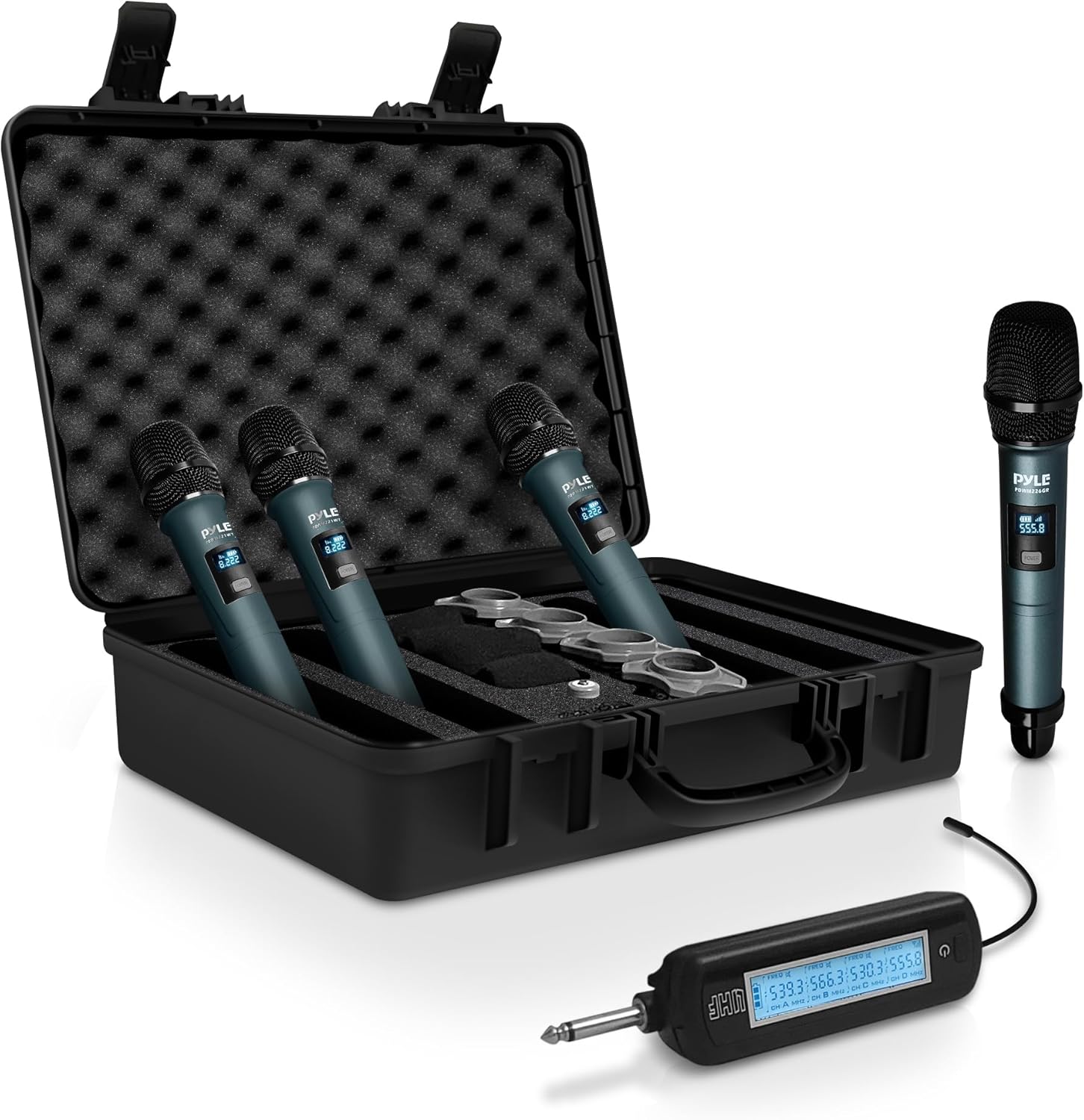 Pyle 4 Channel Wireless Microphone System, Portable UHF Band Receiver System, Independent Channel Controls, RF Signal LCD Indicator, Digital Audio Microphone Set with 4 Handheld Microphones (Green)