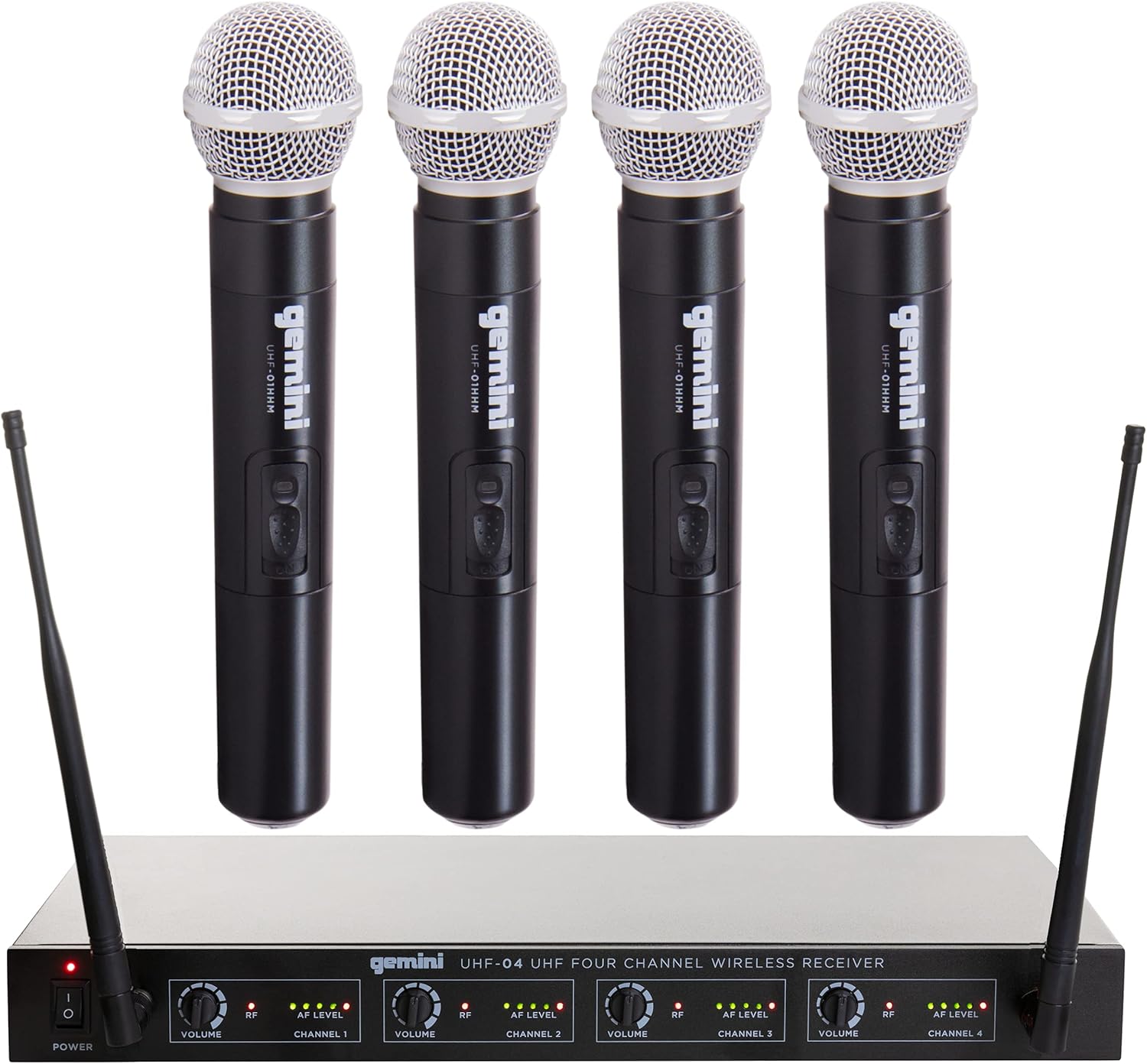 Gemini Sound UHF-04M Wireless Cordless Professional Set of 4 Handheld Microphones and Receiver for DJ, Karaoke, Stage Performance or PA System Four Pack
