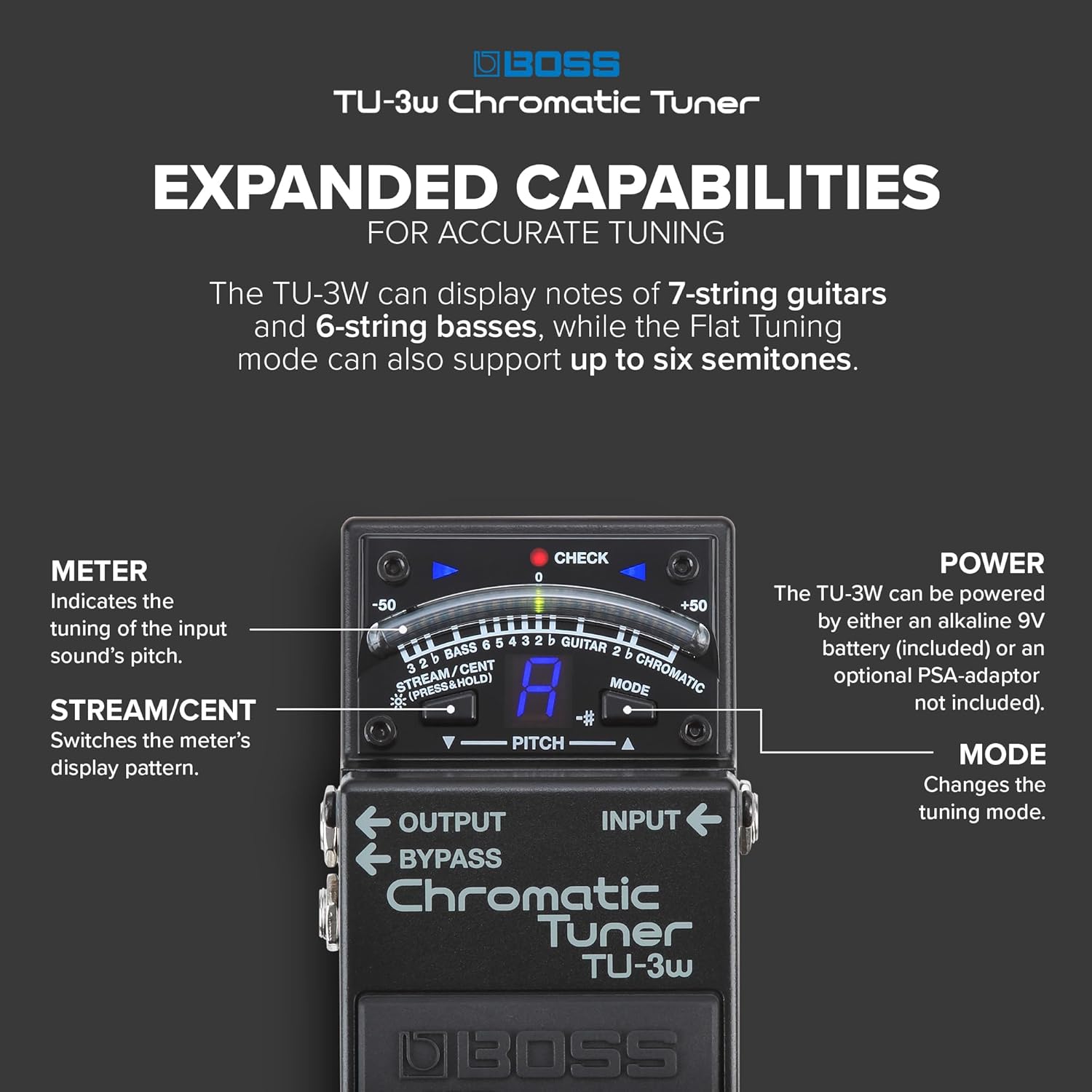 BOSS TU-3W Waza Craft Compact Chromatic Tuner | Enhanced with Waza Innovation & Craftsmanship | Superior Tuning for Guitar and Bass | 21-Segment Blue LED Meter | Accu-Pitch Sign Function