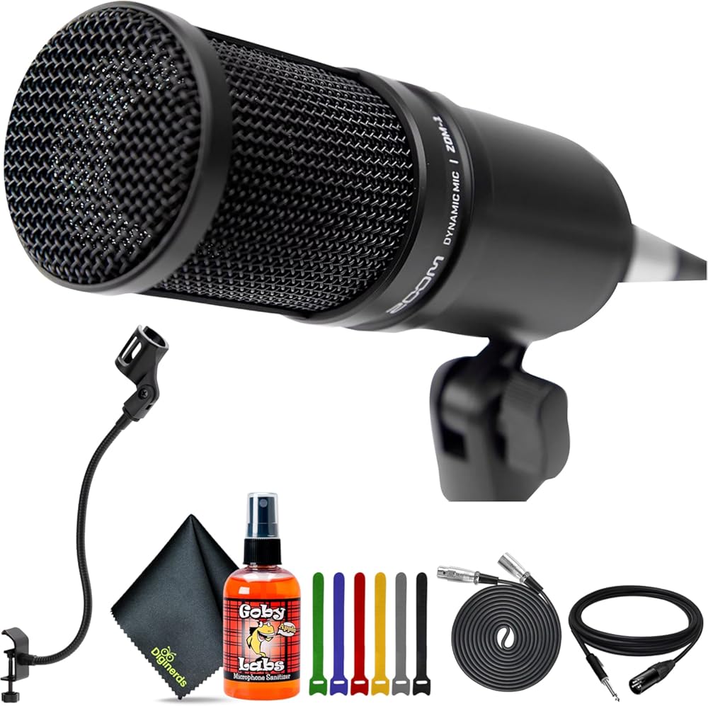 Zoom ZDM-1 Dynamic Podcasting Microphone + 8-inch Flexible Desktop Microphone Stand + XLR to 1/4 10FT + XLR to XLR 3M Balanced Interconnect Cable + Goby Labs Sanitizer Spray for Microphones