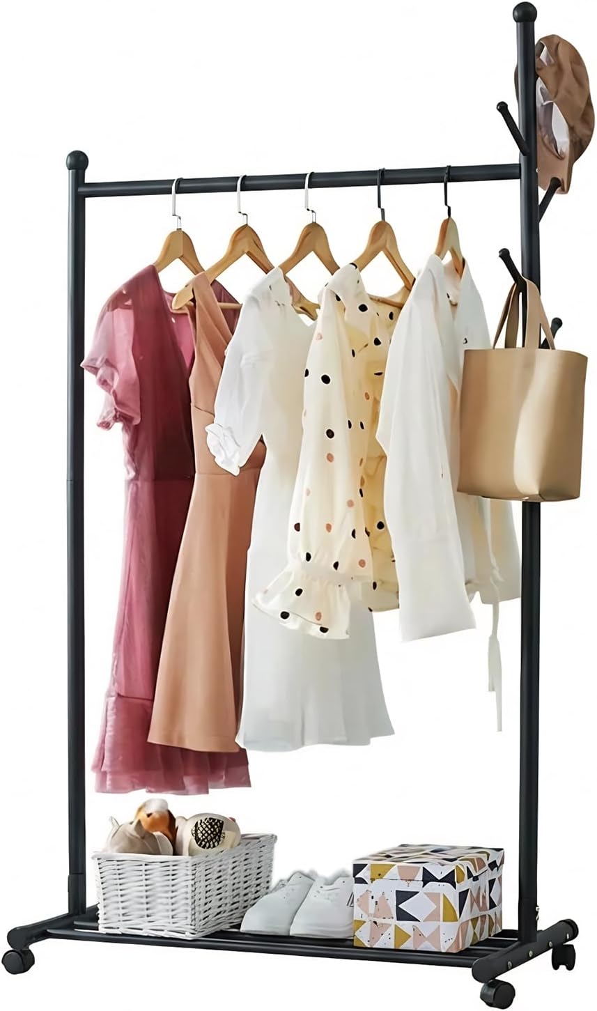 Small Clothes Racks for Hanging Clothes Clothing Rack with Wheels Metal Garment Rack with Shelves Portable Rolling Wardrobe Racks for Small Space Corner Bedroom Hallway Entryway Living Room Black