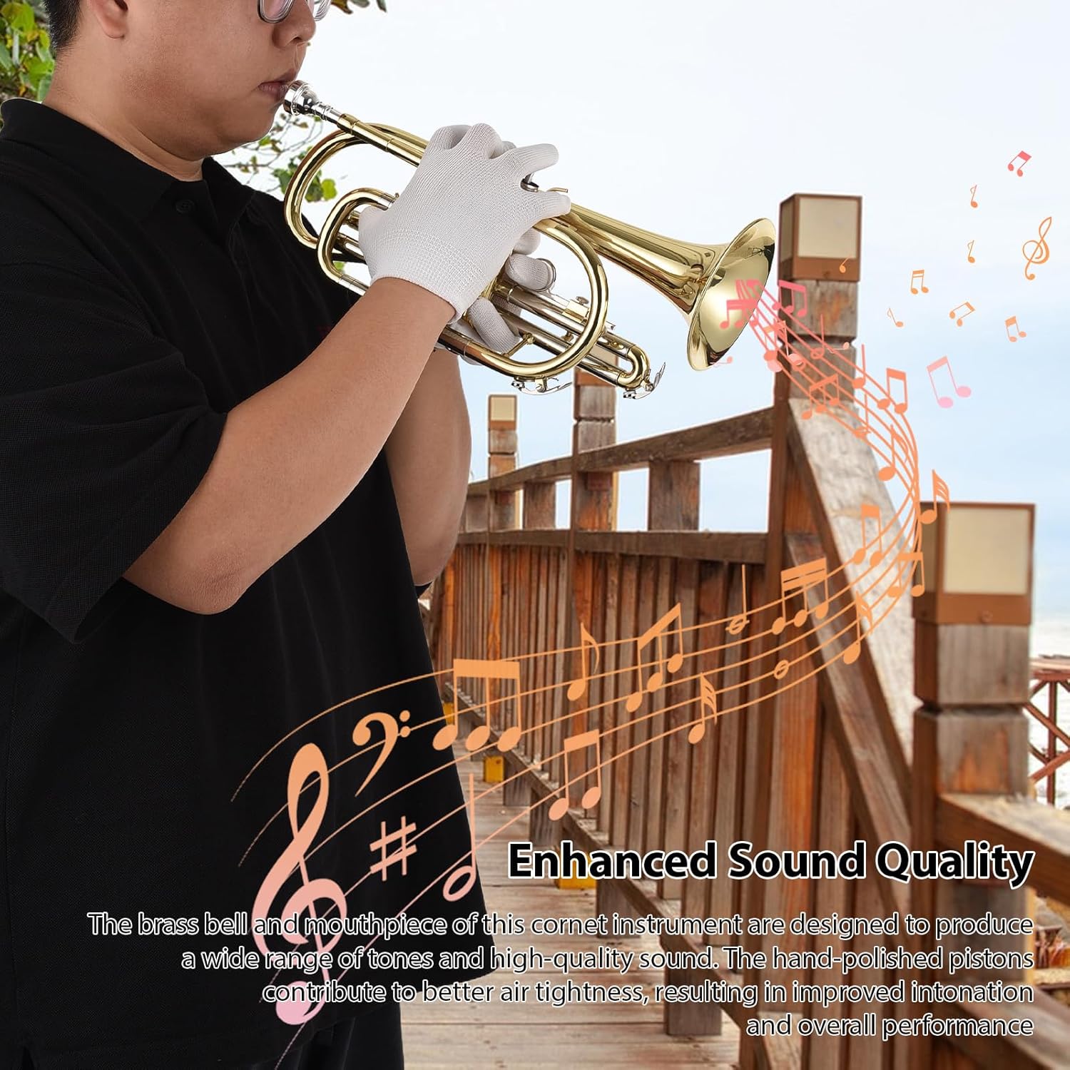 Bb Cornet Brass Instrument Surface Paint Gold Treatment Professional Brass Cornet with Carrying Case Gloves Cleaning Cloth Brushes for Students and Beginners