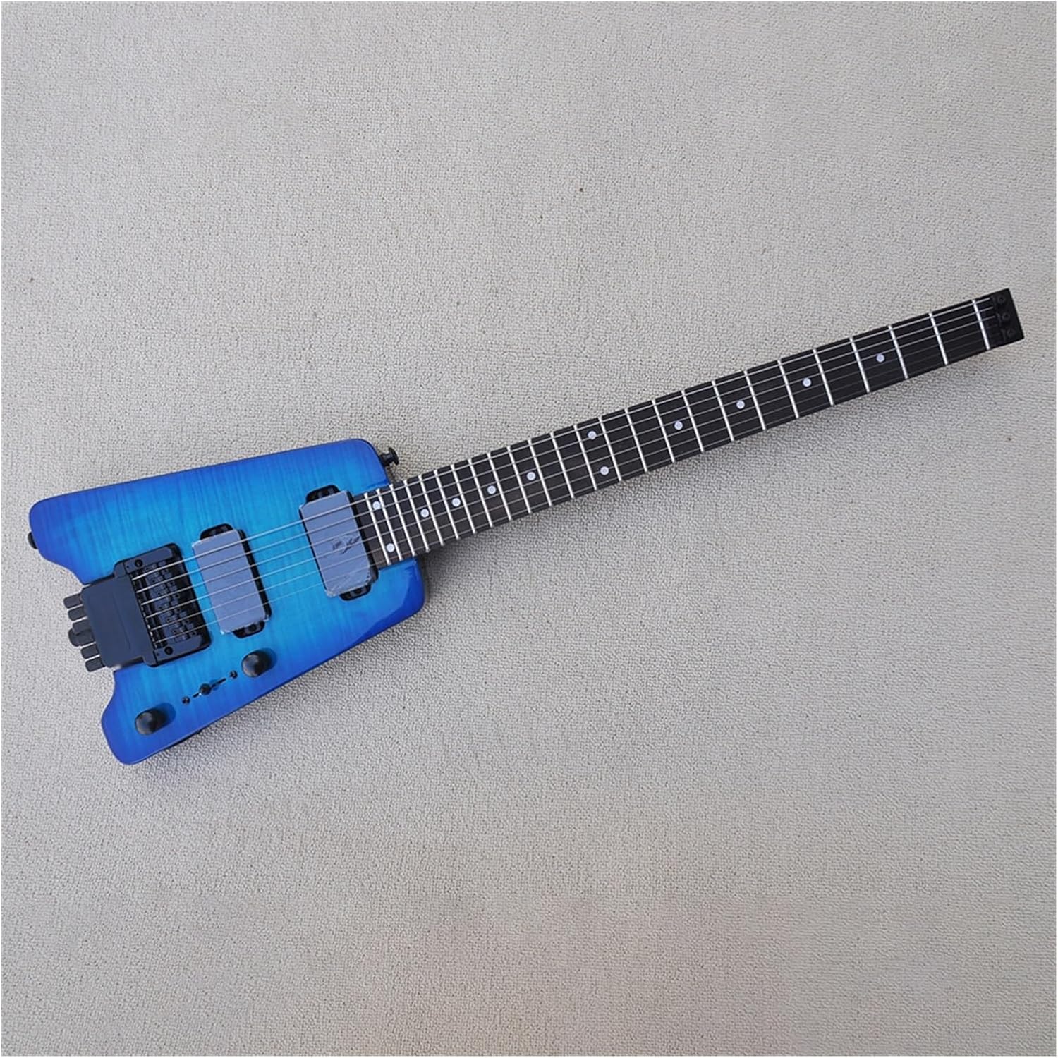 Headless Electric Guitar Blue Portable Travel Flame Maple Veneer Headless Electric Guitar with Rosewood Fretboard 24 Frets