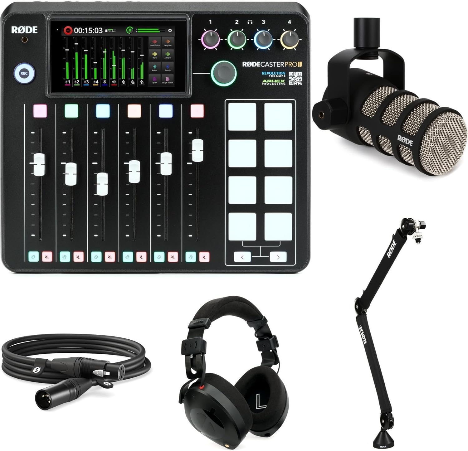 Rode Rodecaster Pro II and PodMic Microphone Podcast Bundle, with Professional Headphones, 10' XLR Cable, 128GB SD Card, Boom Arm, and Dust Cover