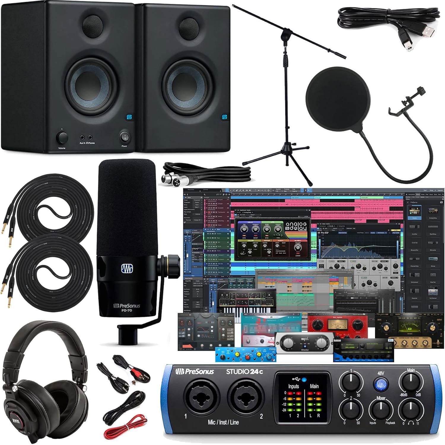 PreSonus Studio 24c 2x2 USB Type-C Audio/MIDI Interface with Studio One Artist Software Pack w/Eris 3.5 Pair Studio Monitors and PreSonus PD-70 Vocal Dynamic Microphone with XLR Cable