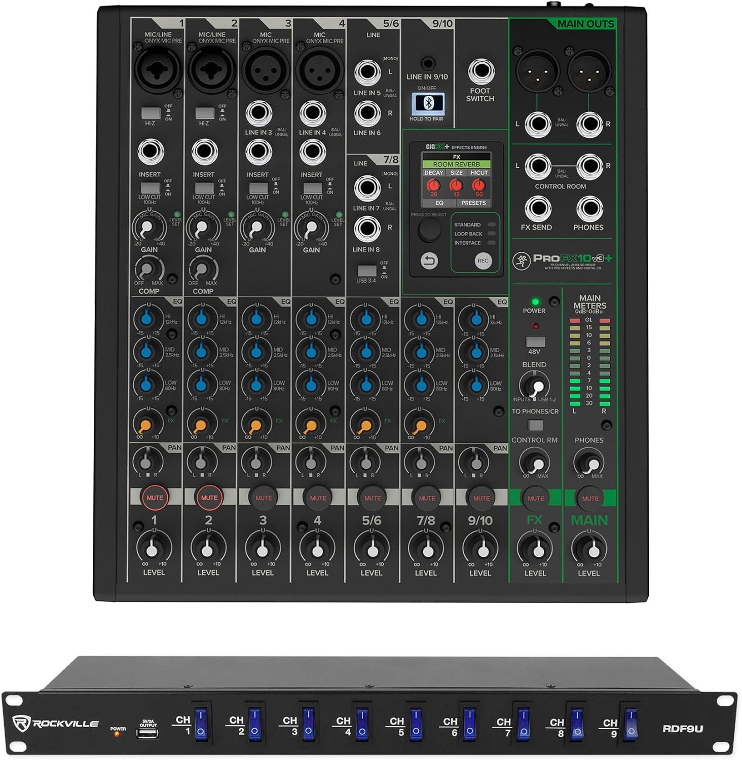 Audiosavings Bundle: (1) Mackie ProFX10v3+ 10-Channel Analog Mixer w/Enhanced FX Bundle with Rockville RDF9U 1U 15A Rack Mount DJ Pro Audio Power Supply Strip w/USB Charging(2 Items)