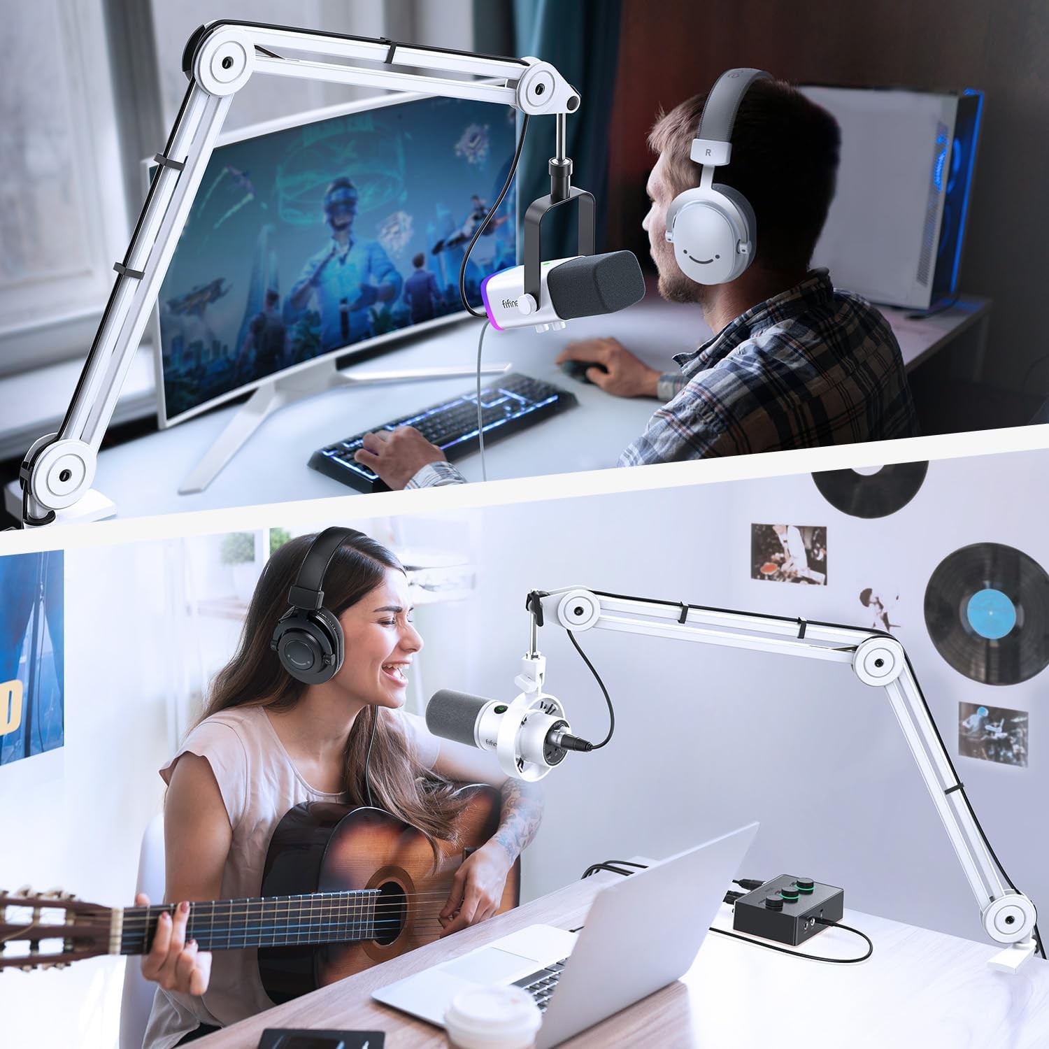 FIFINE Microphone Arm Stand and XLR Cable Set,Metal Heavy Duty Mic Stand with Desk Clamp, 5/8