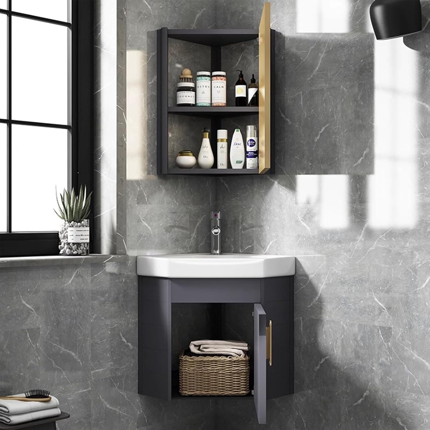 Corner Bathroom Vanity Sink Combo, Wall Mount Multifunctional Practical Ceramic Sink with Mirror Cabinet, Wall Mount Vessel Sink for Small Space(Gray,38cm/15in)