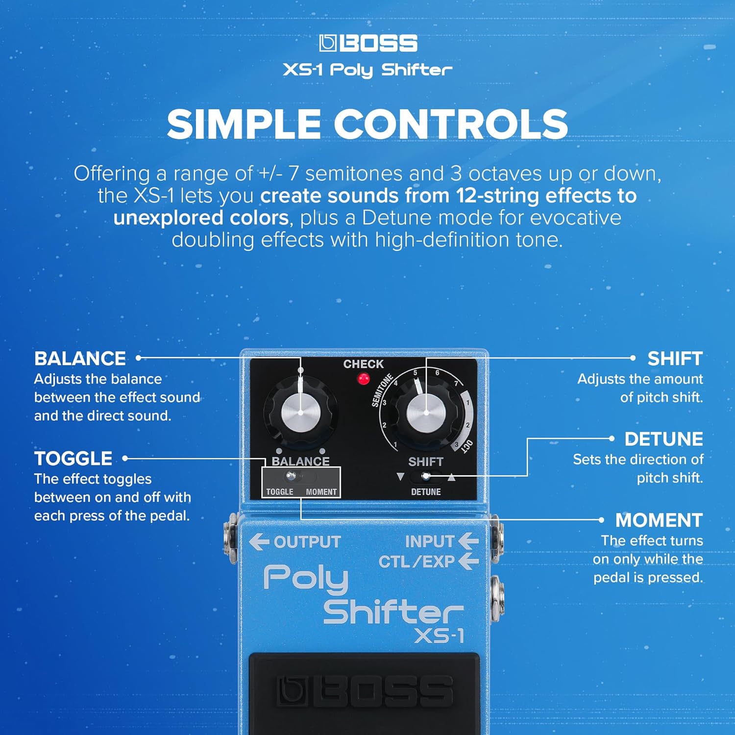 BOSS XS-1 Poly Shifter | Compact Pitch Shifting Pedal | Class-Leading Quality | Change Guitar/Bass Pitch Across 7 Semitones or 3 Octaves | Natural Feel & Response | Connect External Footswitches