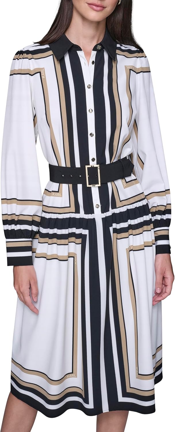 Karl Lagerfeld Women's Collared Printed Silky Crepe Belted Midi Dress