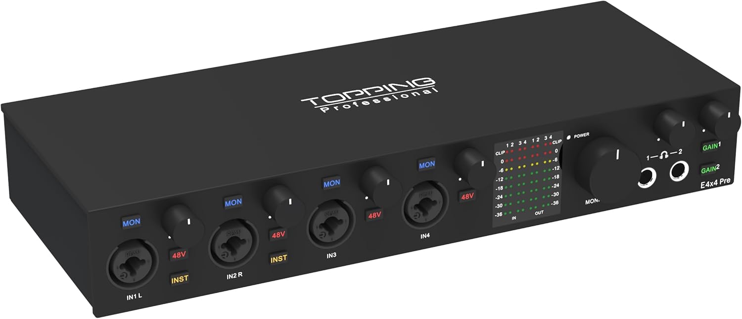 TOPPING E4X4 Pre USB Audio Interface - Dual USB-C Ports, 24bit/192kHz, 4IN/4OUT, Dual Headphone Outputs, Low Noise, Real-Time Monitoring, Mixer, for PC, Mac, iPhone, Professional Recording(Black)