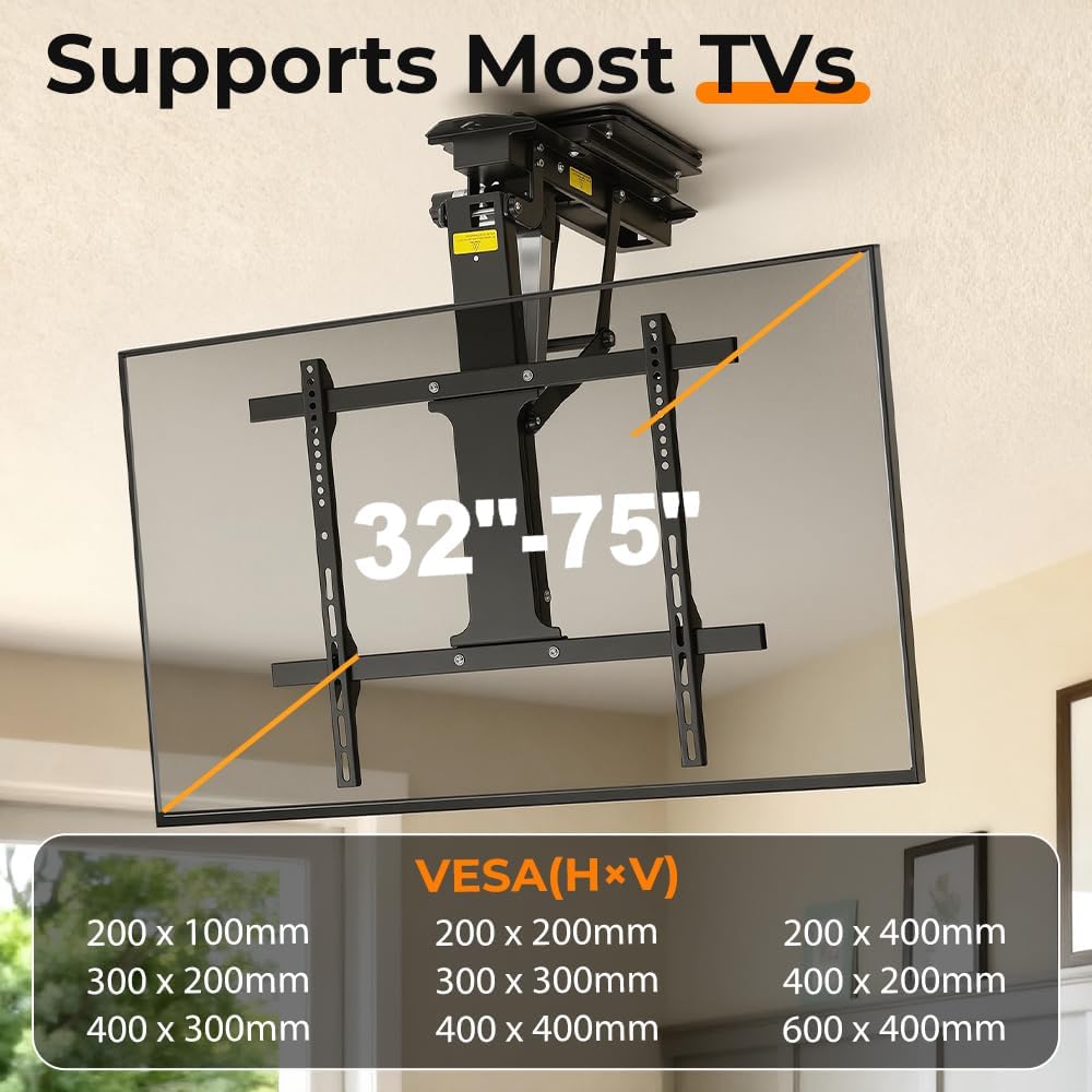 OUTFINE Electric Flip Down and Swiveling Ceiling TV Mount for 32–75 Inch Flat or Curved Screens, Motorized Fold Down Lift with Remote Control, 360°Manual Swivel and 0–80°Electric Tilt
