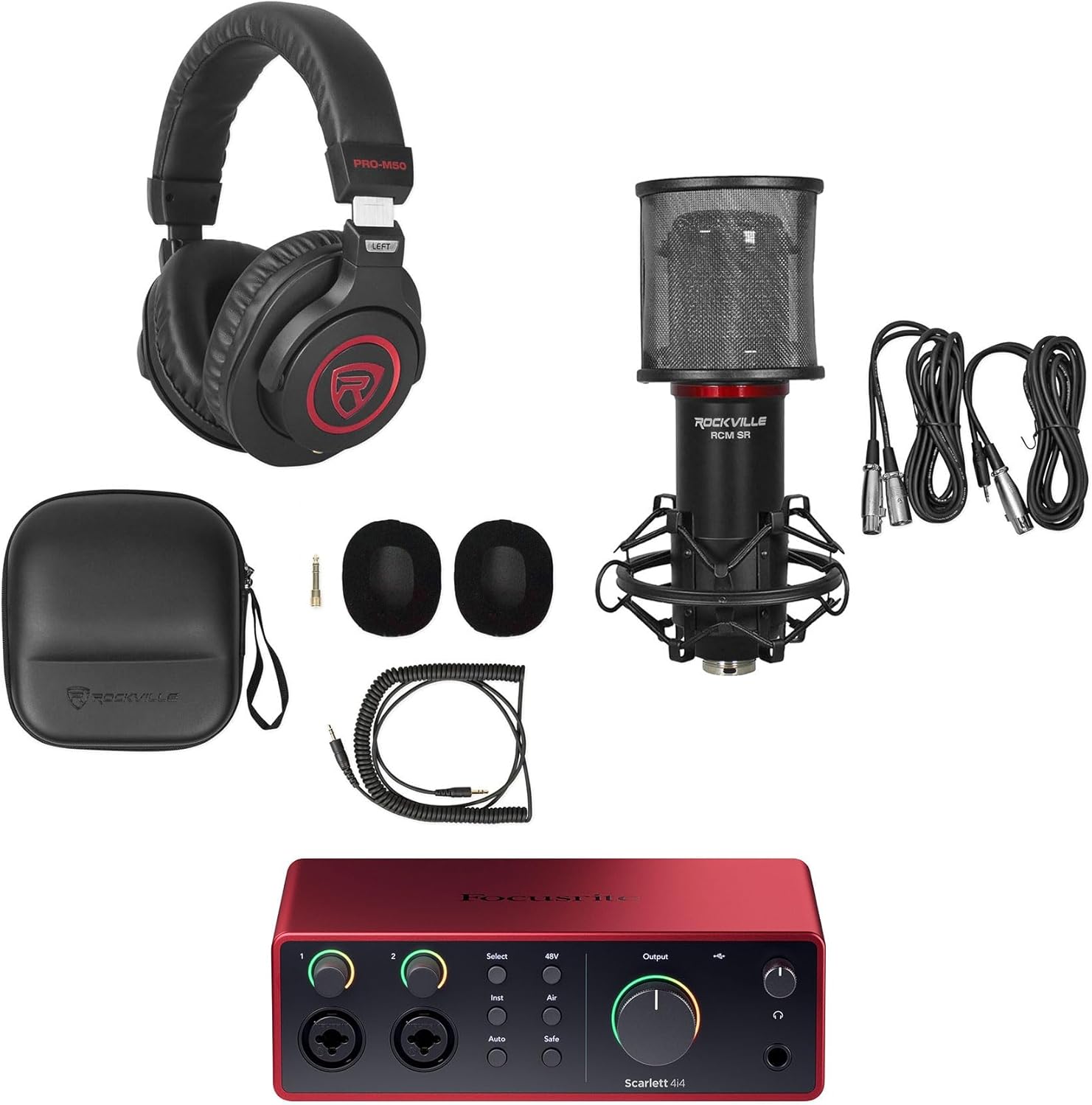 Audiosavings Bundle: Focusrite Scarlett 4i4 4th Gen Studio Recording USB Audio Interface+Software Bundle with Rockville RCM SR Studio/Recording Condenser Microphone+PRO-M50 SR Headphone (3 Items)