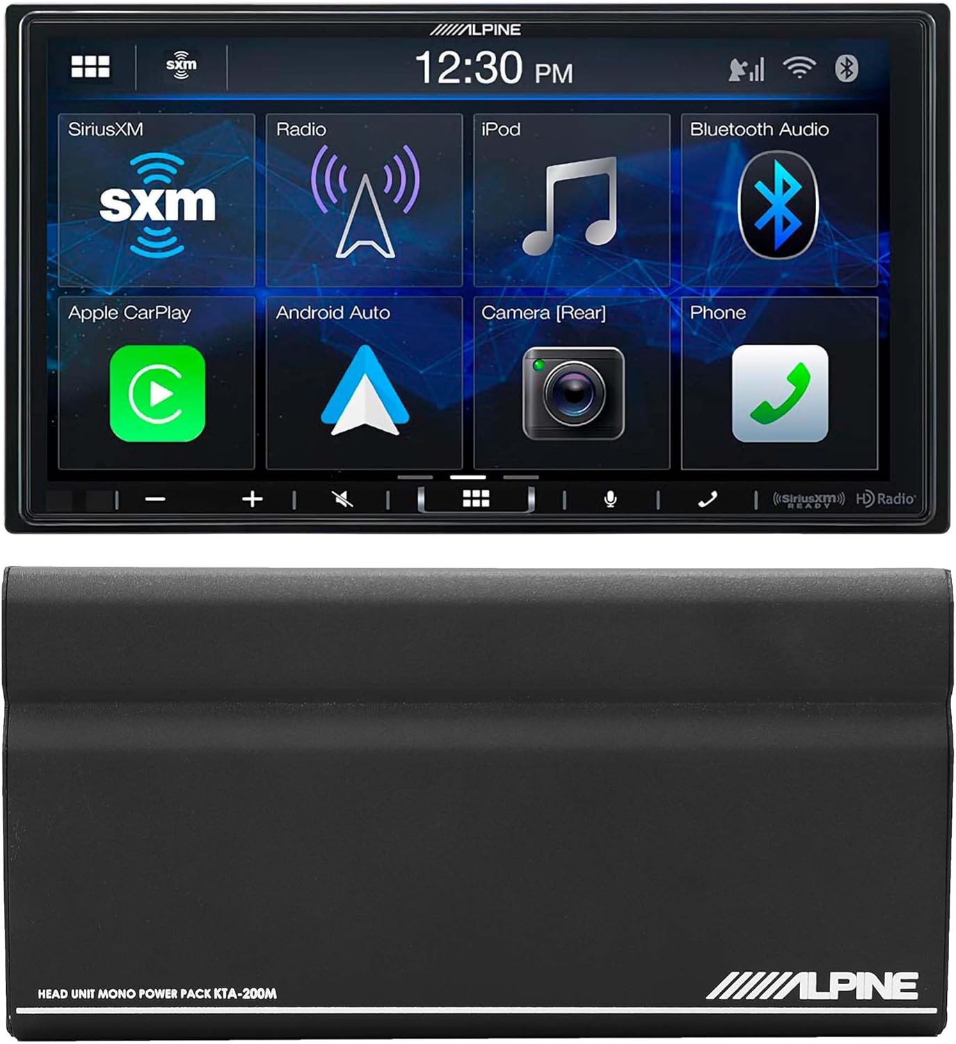 Alpine iLX-407 7-Inch Double DIN Digital Media Receiver with Apple CarPlay Android Auto and Alpine KTA-200M PowerStack Class D Mono Subwoofer Amplifier Bundle