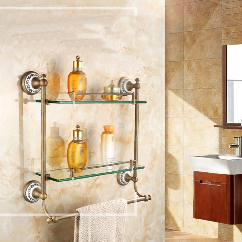 Shower Caddy Bathroom Glass Shelf 2 Tier, Coming with Towel Bar, Shower Caddy Bath Basket, Wall Mount, Antique Brass, Bronze Finish Bathroom Organizer