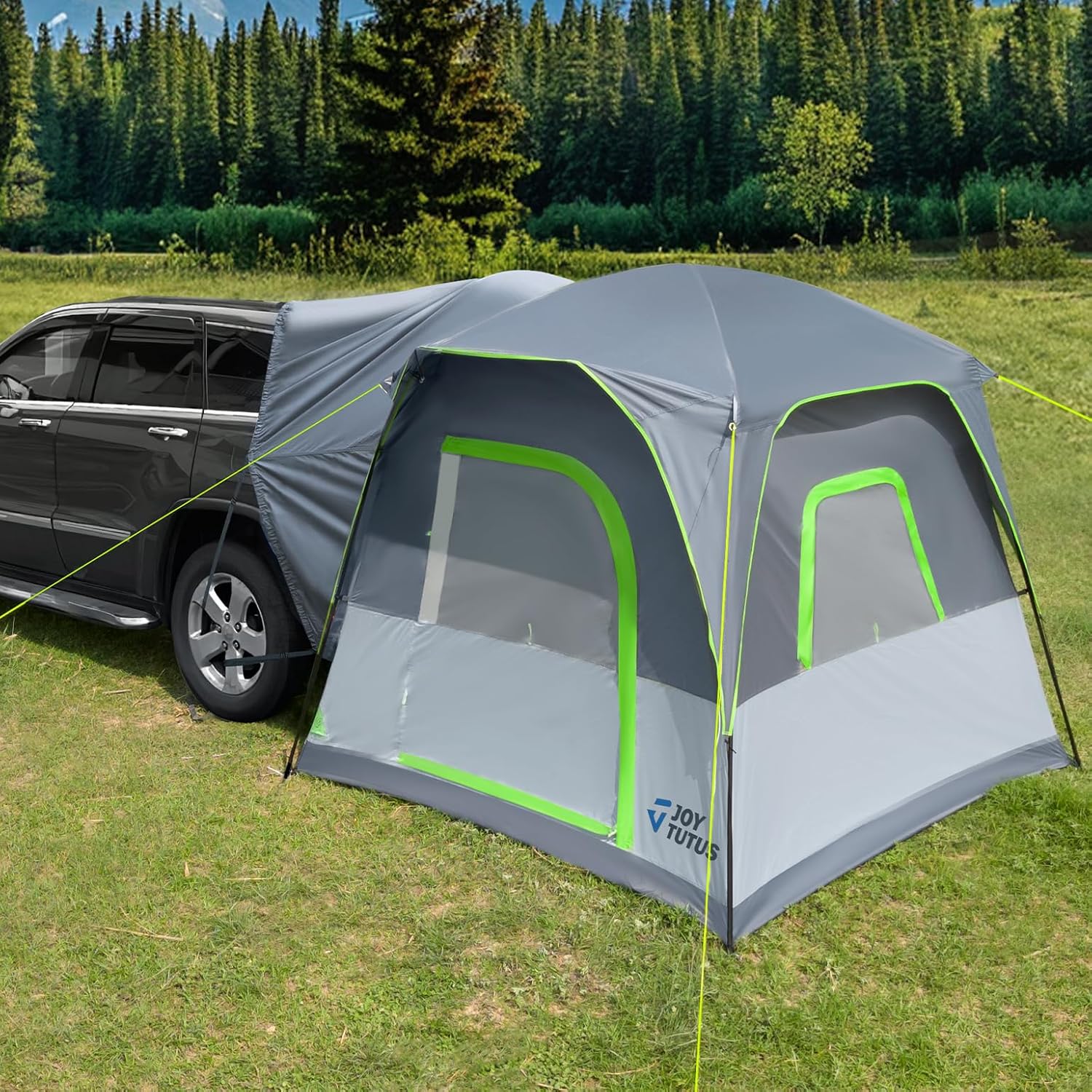 JOYTUTUS Dual-Use SUV Tent, SUV Tents for Camping with Rainfly, Strong Four Steel Frame Poles, 4-9 Person Car Tent with Ventilated Double Door Design, Movie Screen, Fit for SUV CUV Van