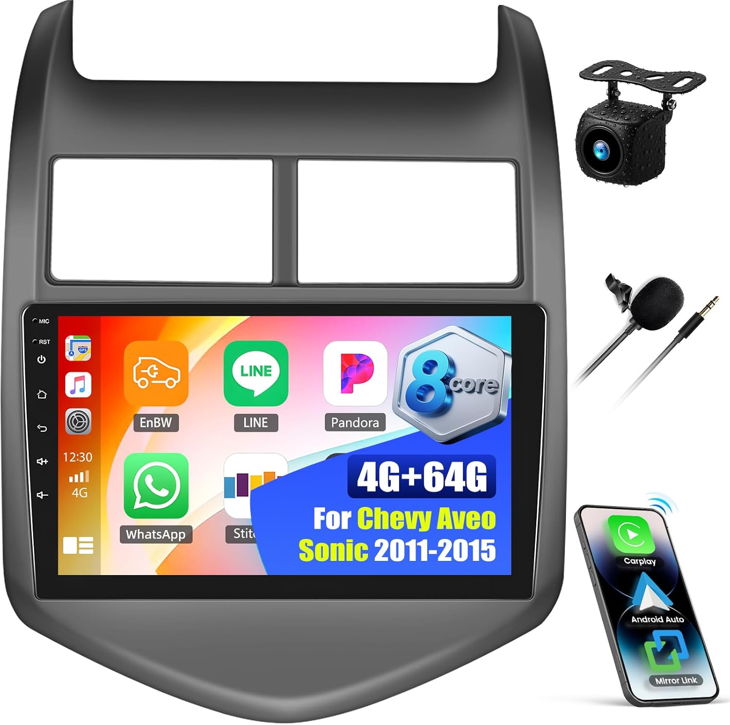 8 Core Qualcomm Android Car Stereo for Chevy Aveo Sonic 2011-2015 9 Inch Touch Screen with CarPlay Android Auto 4G+64G Bluetooth Cooling Fan Weather Forecast UI Design Intelligent Voice