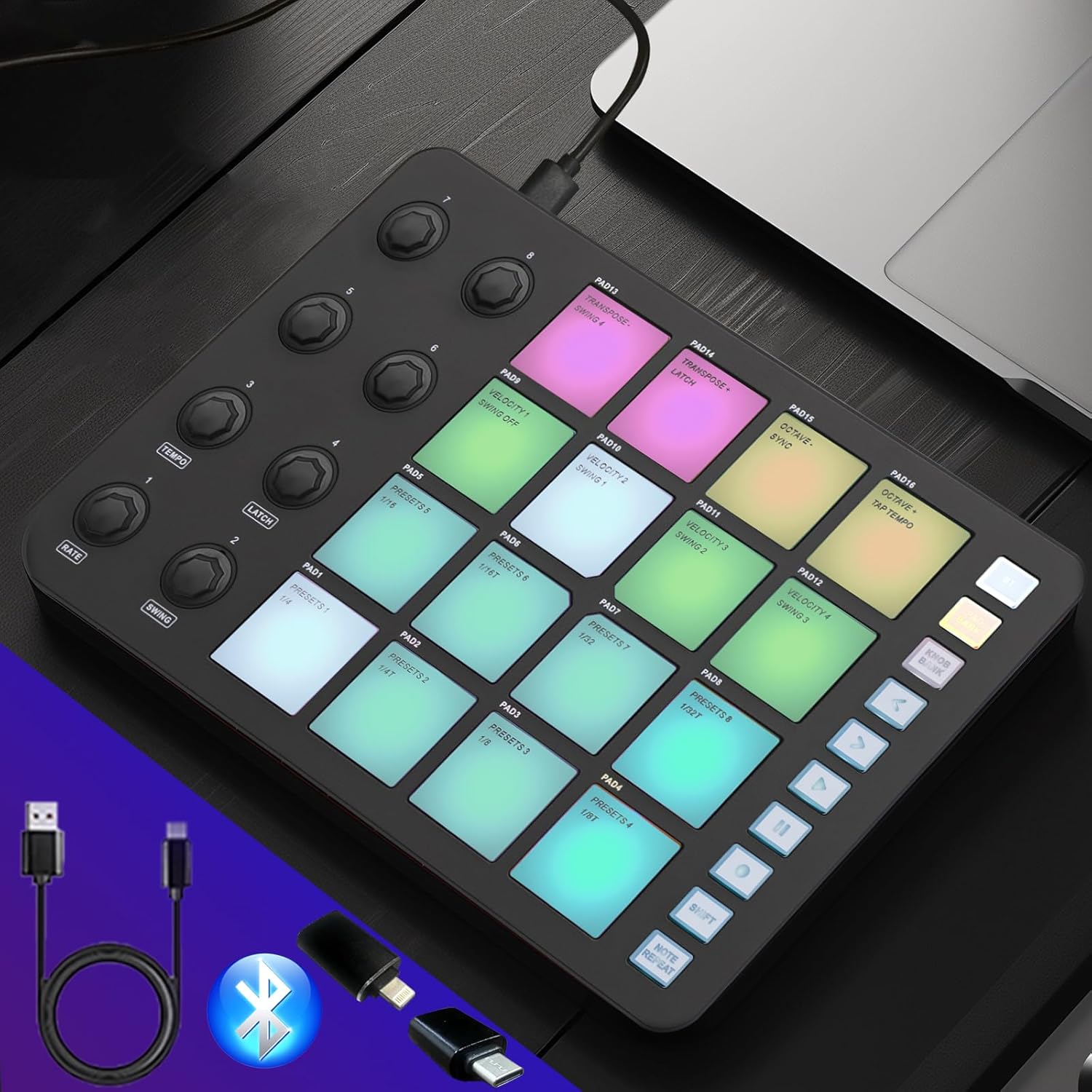 Bluetooth Beat Maker Machine - Portable M-Wave MIDI Controller Drum Pad Keyboard, Studio Equipment for Recording Music at Home (SMC-PAD Pocket with Type-C Lightning Adapter)