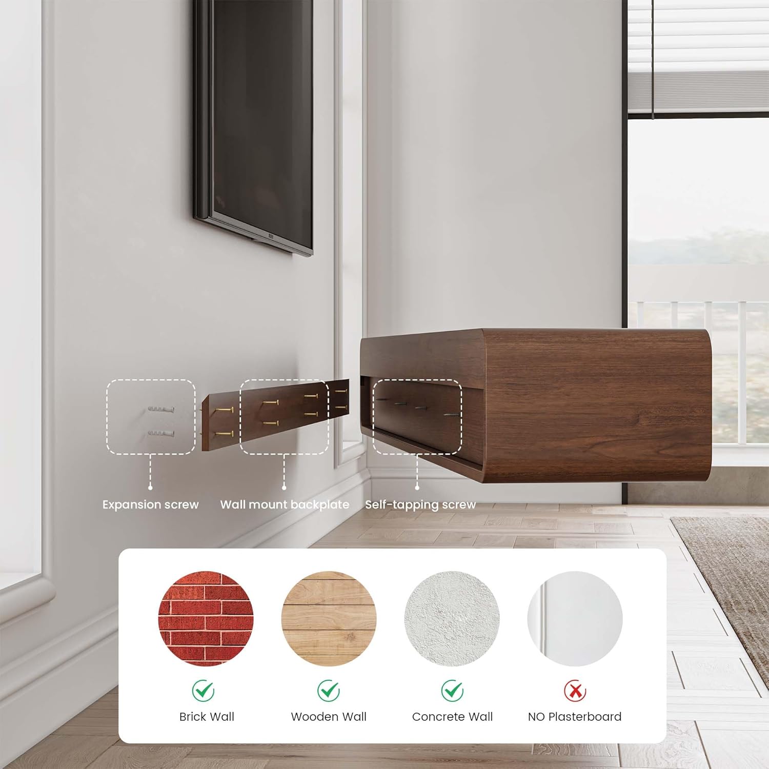 Fully-Assembled Minimalist Floating TV Stand, Modern Wall-Mounted Entertainment Center with 3 Flip-Down Cabinet Doors, Solid Wood, Walnut Veneer, 78