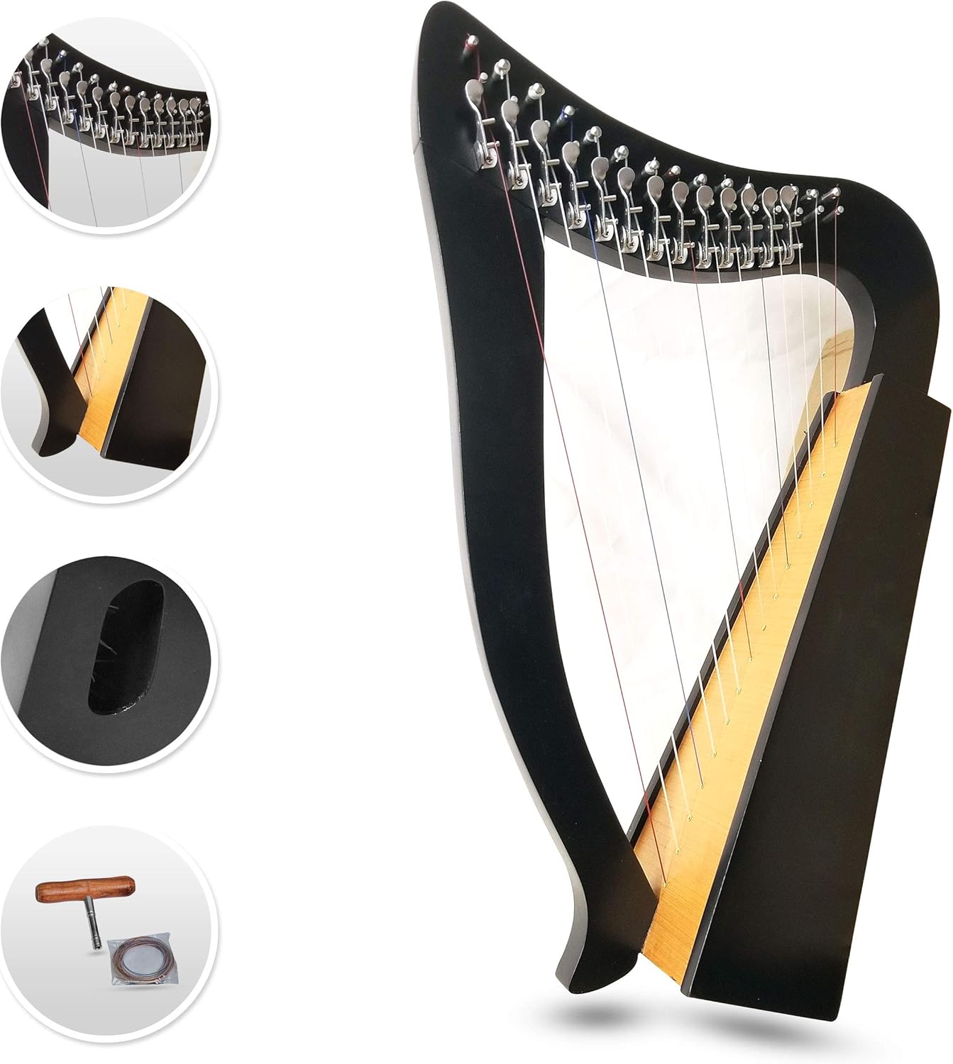15 Strings Levers Harp Irish Highland Solid Rosewood Black Finished Tuning Key Extra Set