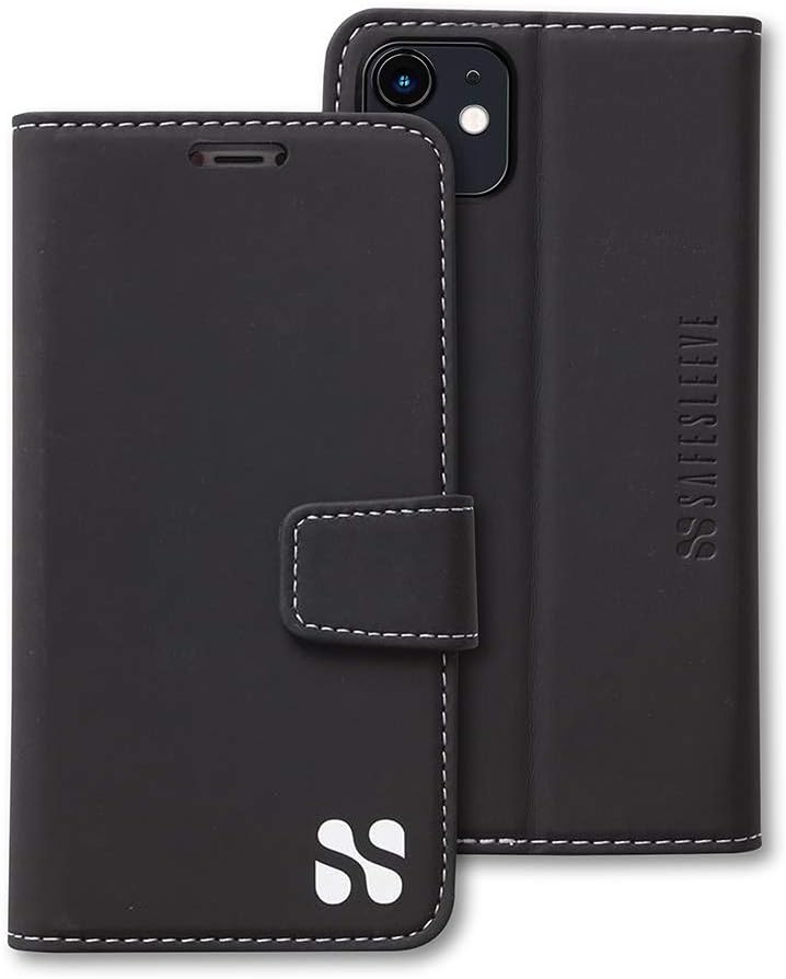 SafeSleeve Wallet Case for iPhone 11 – Slim Folio with Card Holder, Adjustable Stand, Protective Vegan Leather Cover for Everyday Convenience (Black)