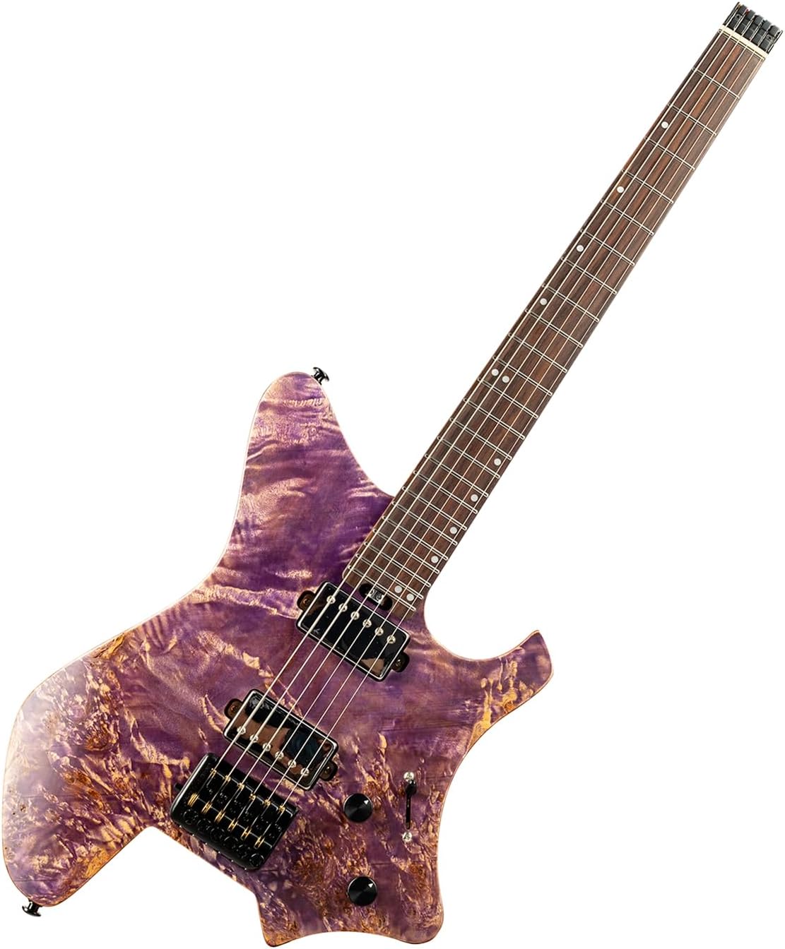 EART Headless Electric Guitar GW2 fixed Bridge for 6 String Travel Guitar, Stainless Steel Frets, Poplar Burl Venner Top, Purple