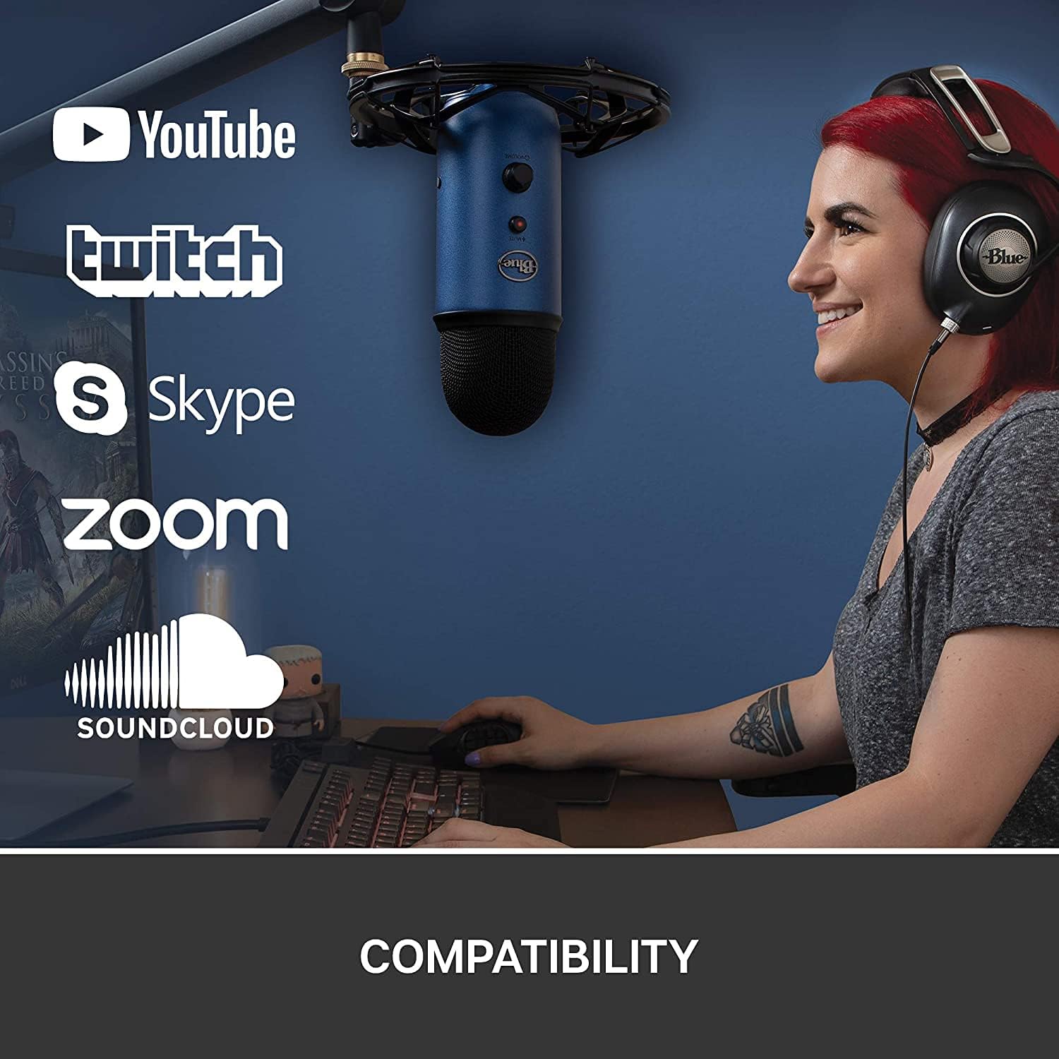 Yeti USB Mic for Recording & Streaming on PC and Mac, 3 Condenser Capsules, 4 Pickup Patterns, Headphone Output Volume Control, Mic Gain Control, Adjustable Stand Midnight Blue (988-000101) (Renewed)