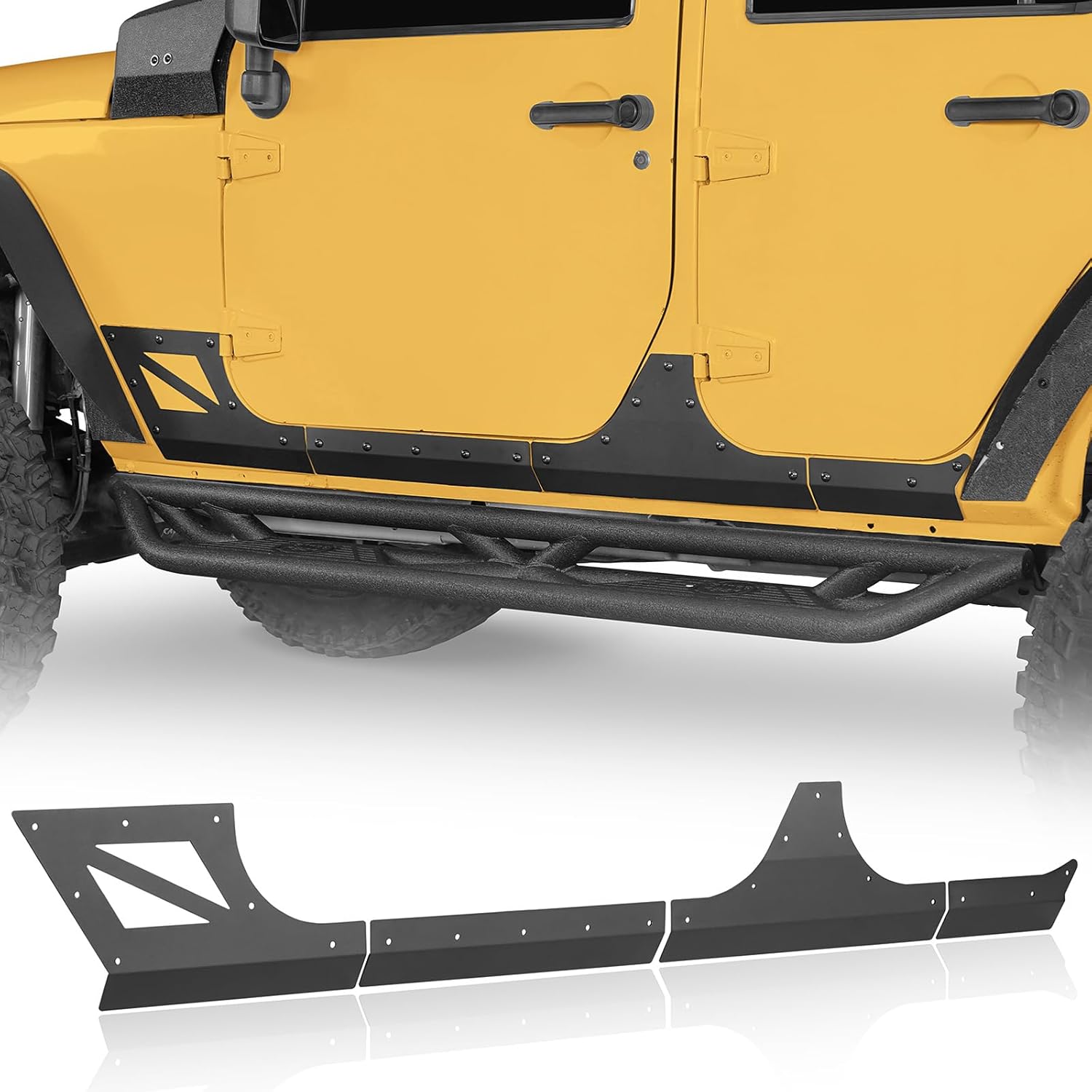 Hooke Road JK Body Armor Cladding Compatible with 2007-2018 Jeep Wrangler JK 4-Door - Steel Black Rocker Panel Guard (2-piece Set)