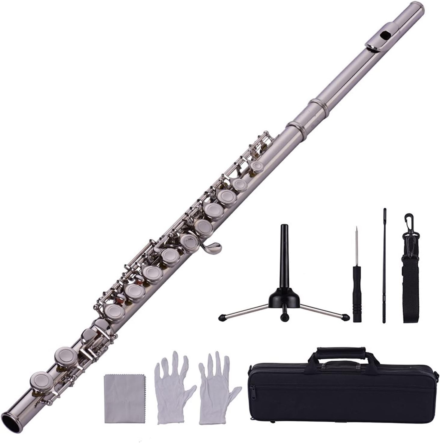 Flutes 16-Hole Flute C Key Cupronickel Material Silver Plated Wind Instrument with Flute Stand Gloves Case