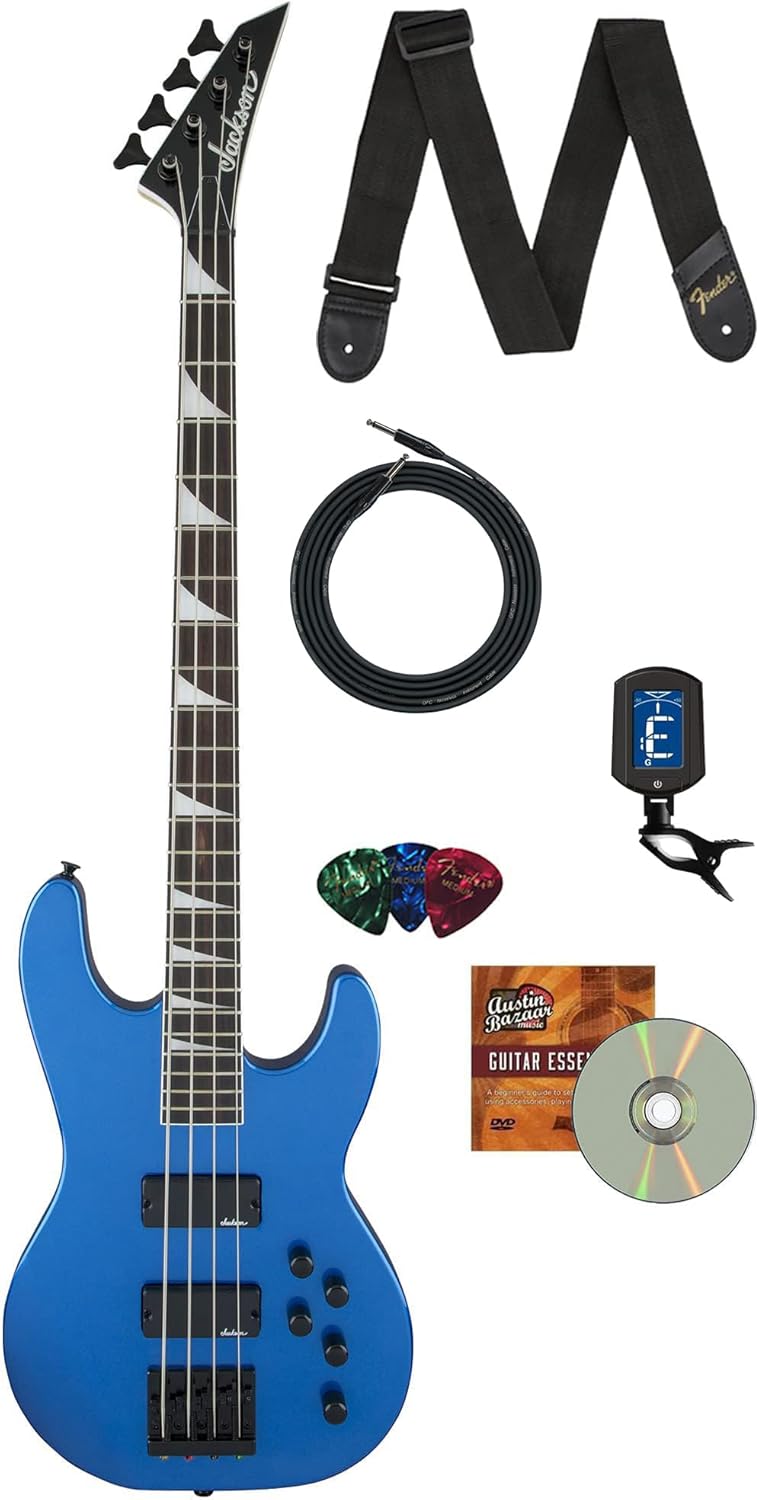 Jackson JS3 Concert Bass Guitar - Metallic Blue Bundle with Cable, Tuner, Strap, Picks, and Austin Bazaar Instructional DVD