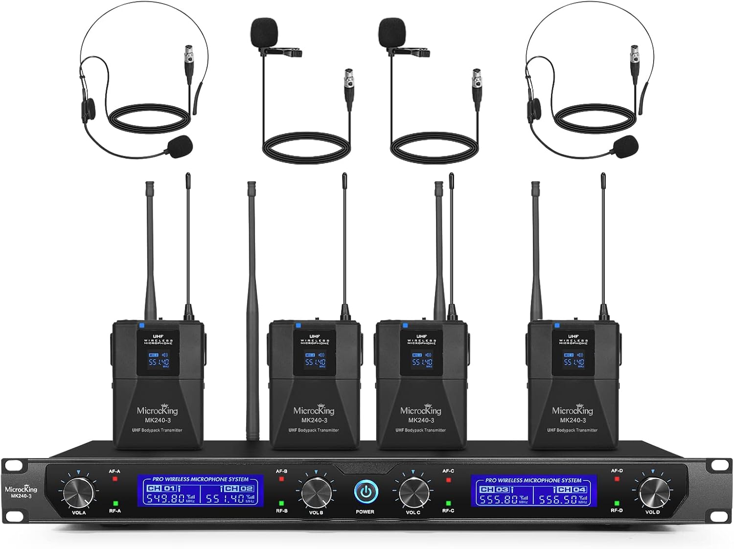 MicrocKing UHF Wireless Microphone System Cordless Lapel/Headset/Lavalier Mic(4 Bodypacks), Fixed Frequency, Long Range 400ft, Ideal for Party Church Conference Speech