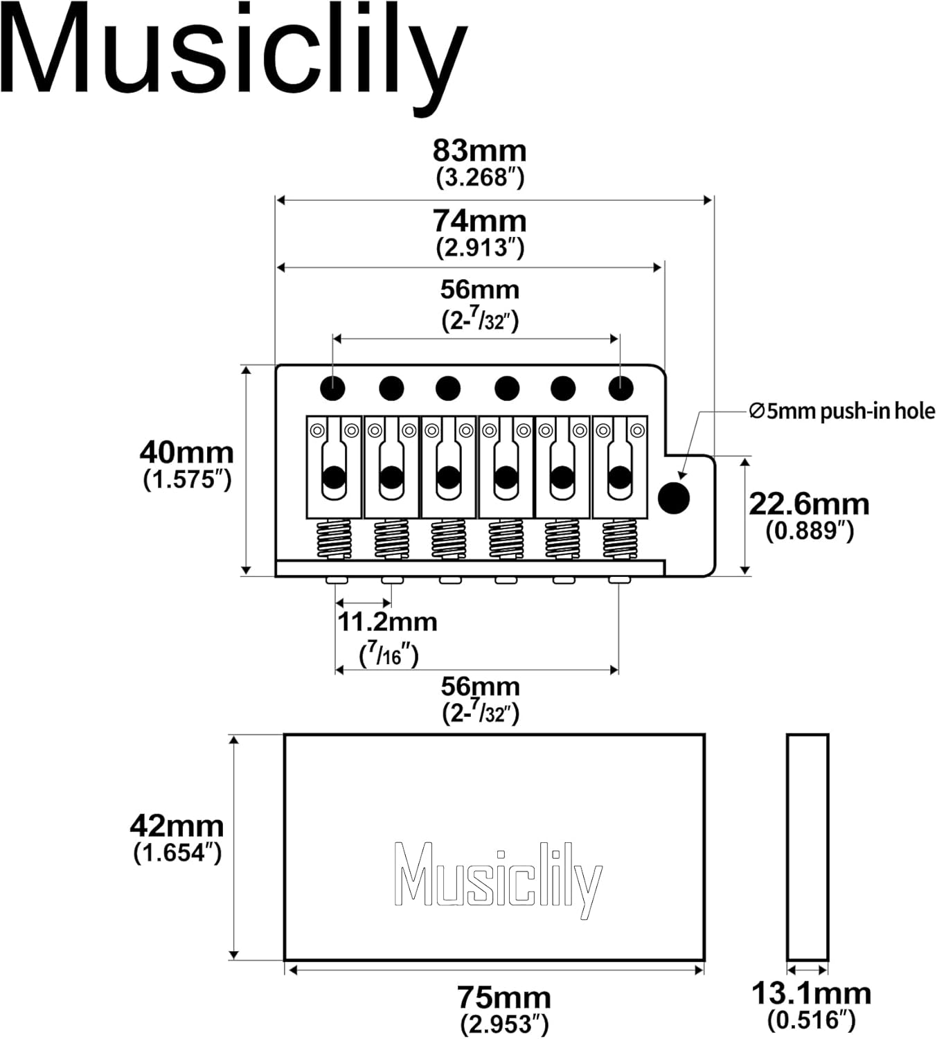 Musiclily Ultra 56mm (2-7/32 inch) American Vintage Style 6-Screw ST Tremolo Bridge with Modern Brass Saddles 42mm Solid Brass Block Push-In Arm for Strat Style Electric Guitar, Chrome