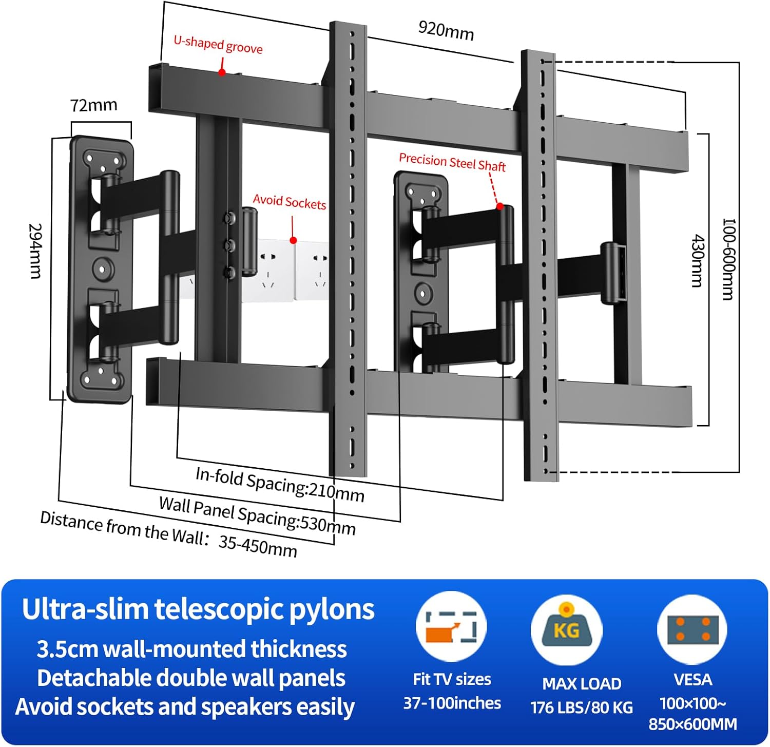 98 86 85 77 75 inch TV Wall Mount,Full Motion Corner TV Bracket for 37-100