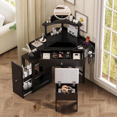 Corner Vanity Desk with Drawers, Corner Makeup Vanity with Storage Cushioned Stool & Charging Station, Wooden Makup Desk with Removable Pull-Out Side Cabinet & Storage Shelf, Black