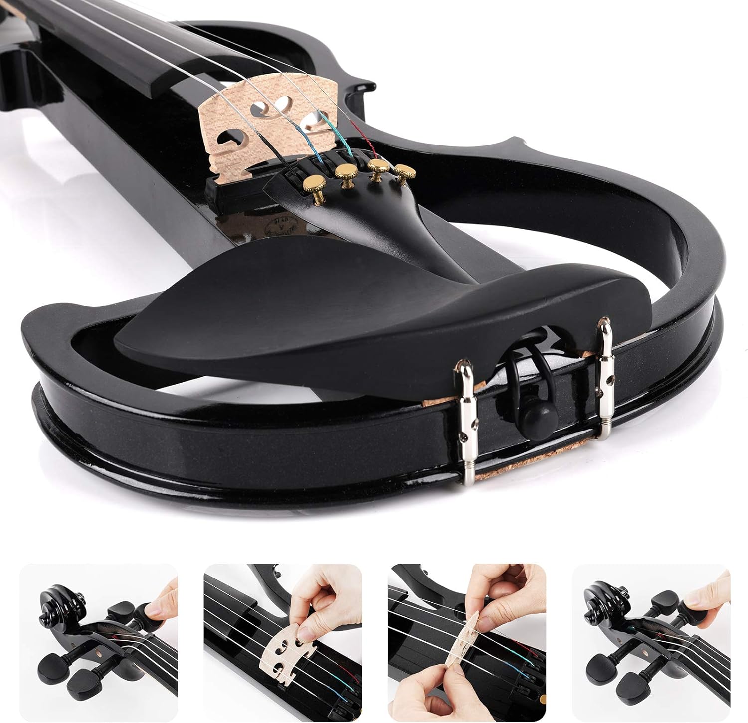 Vangoa Electric Violin Full Size 4/4, Black Silent Electric Violin, Solid Wood Metallic Electric Fiddle with Ebony Fittings, Beginner Kit for Adults Teens
