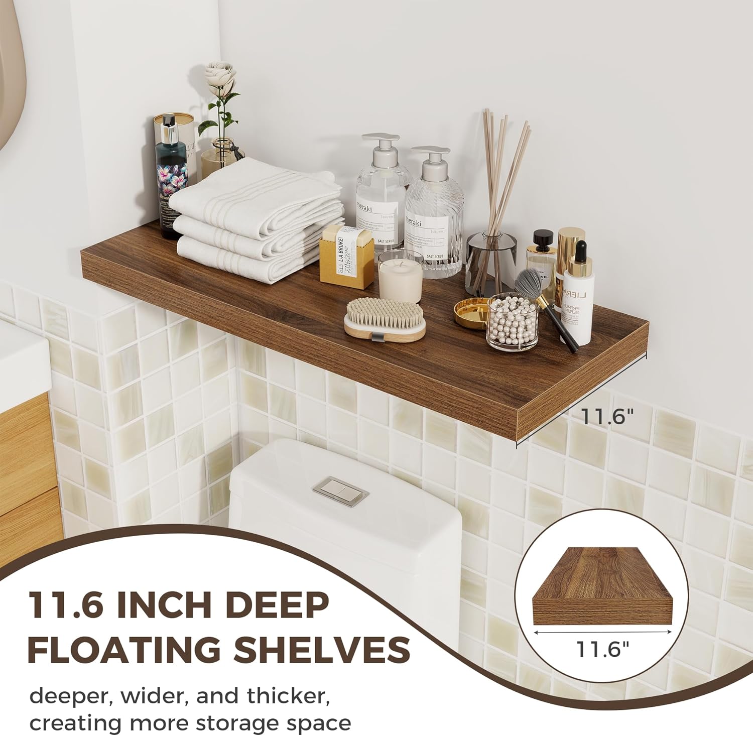 Fun Memories 12 Deep Floating Shelves for Wall | 30W x 12D Large Floating Shelves | 3 Pack Storage Space Wall Mount Shelf for Living Room Bathroom Toilet Laundry Room Kitchen Home Office - Walnut