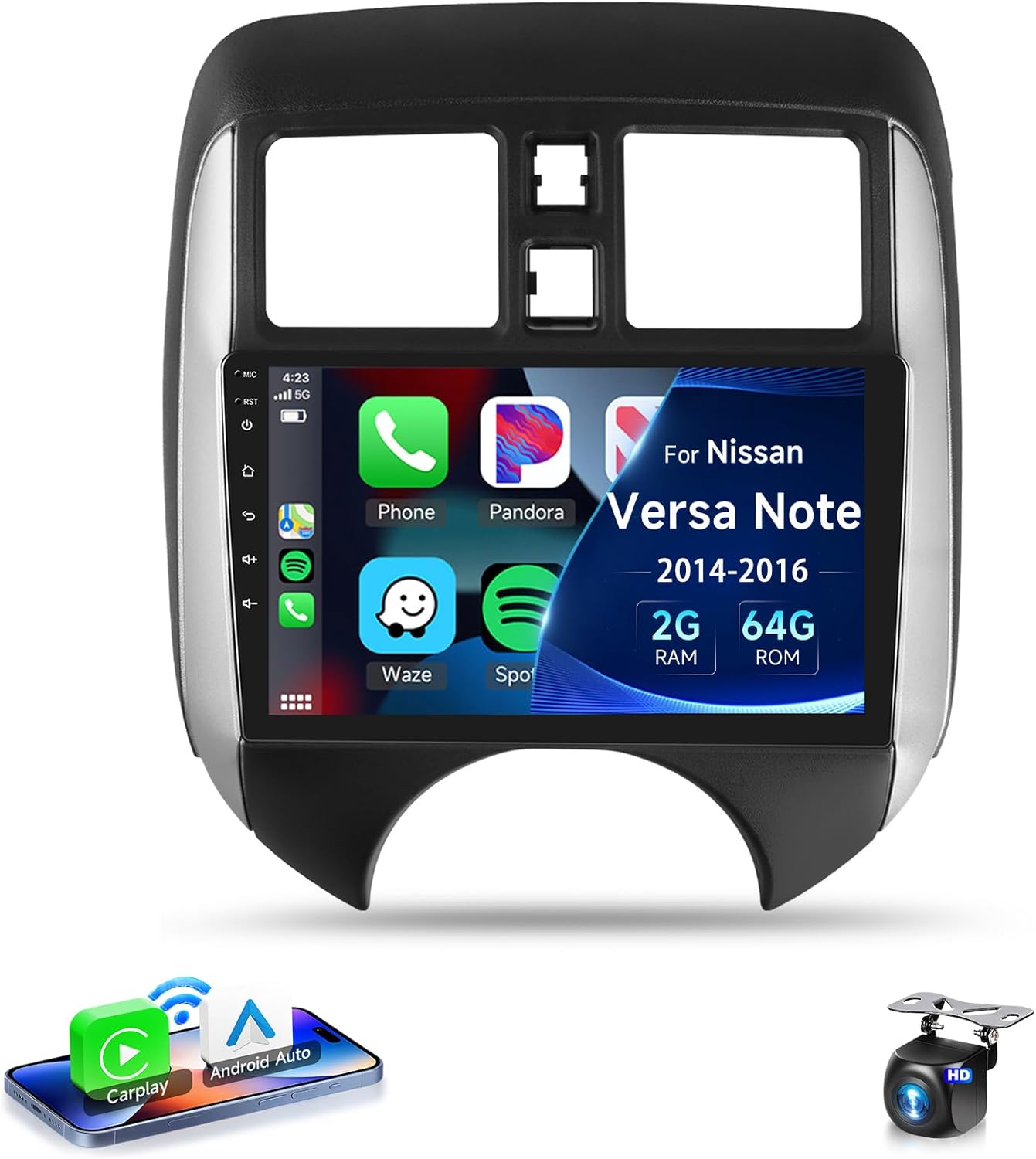 【4G+64G】 for Nissan Versa Note 2014-2018 Android Car Radio Stereo with Wireless CarPlay Android Auto,9 inch IPS Touchscreen Car Stereo Bluetooth5.0, GPS, WiFi, SWC,59UI,32EQ AI DSP+HD Backup Camera