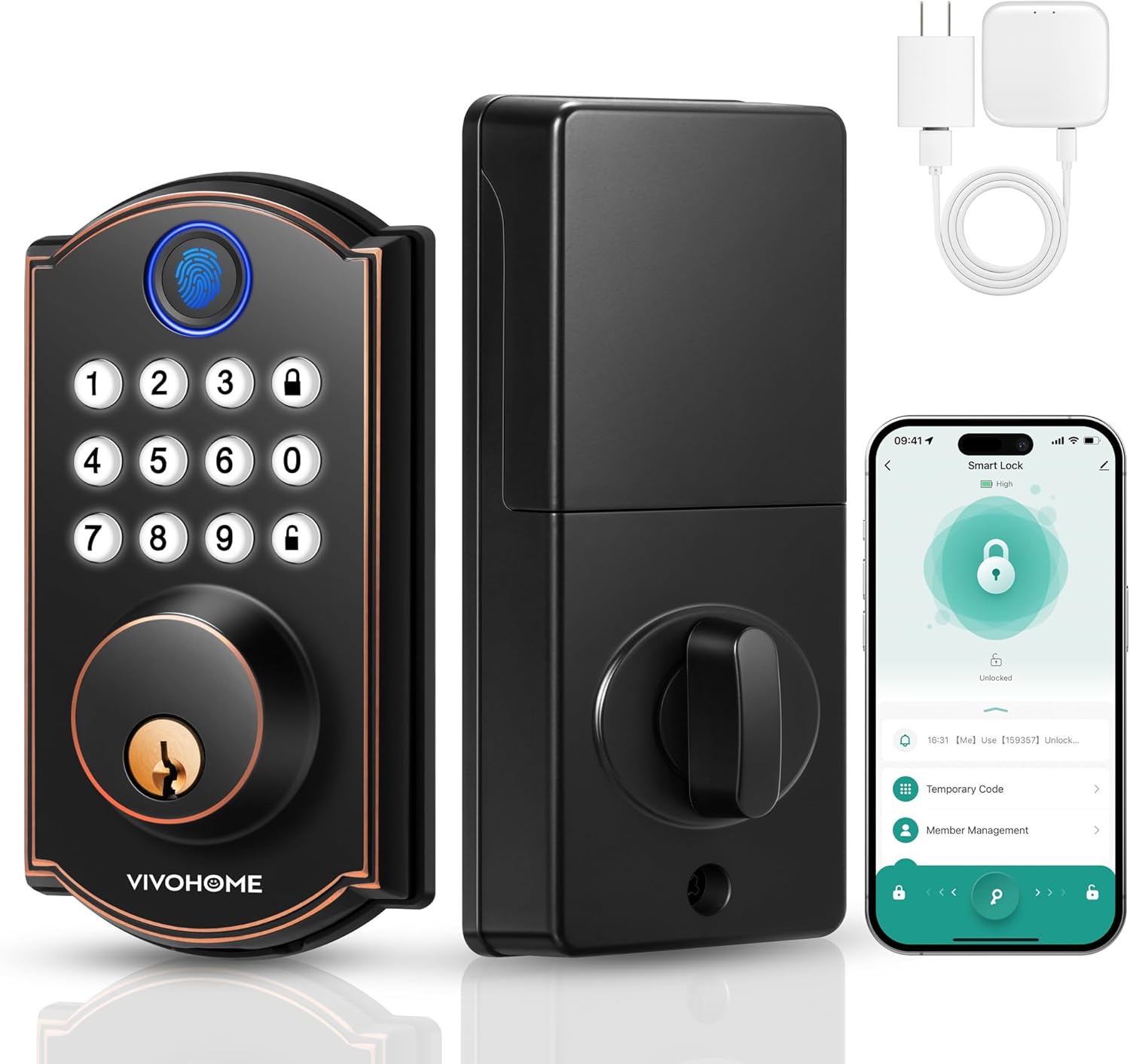 VIVOHOME Smart Lock for Front Door with Gateway, Keyless Entry Door Lock with Fingerprint, WiFi App Remote Control, Electronic Keypad Deadbolt with User Management