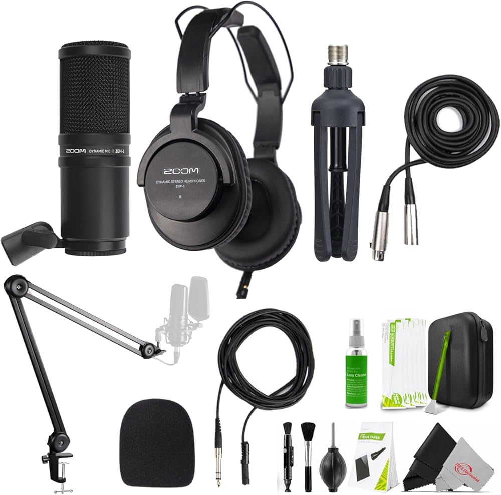 Zoom ZDM-1 Podcast Mic Pack Accessory Bundle With Microphone, Headphones, Tripod, Windscreen & Cable and Boya Desk Holder Microphone Stand Bracket + Cleaning Kit
