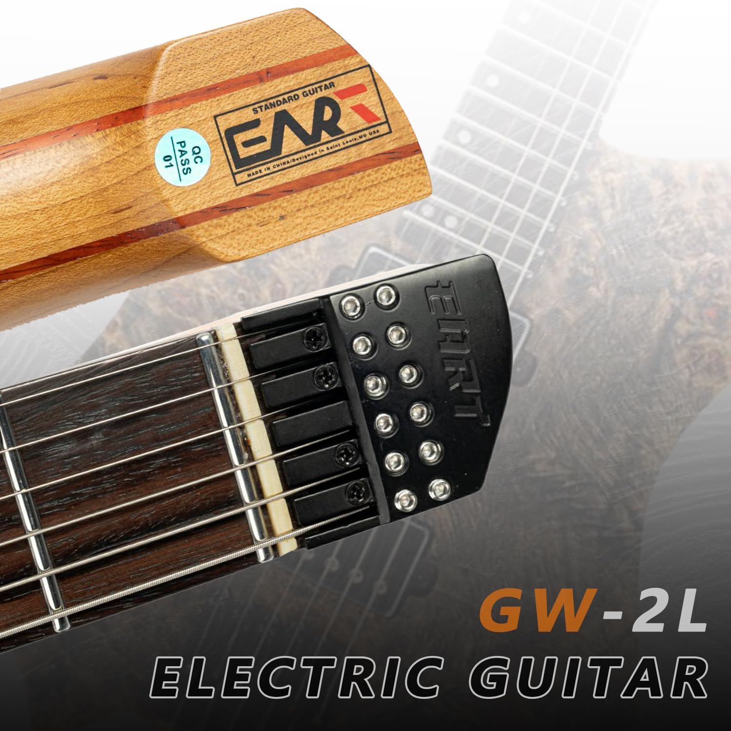 EART GW2L Headless Electric Guitar - Roasted Padauk/Poplar Burl Solid-Body, Compound Radius Neck, Custom Alnico-V Pickups, Headless Bridge System - Left Hand
