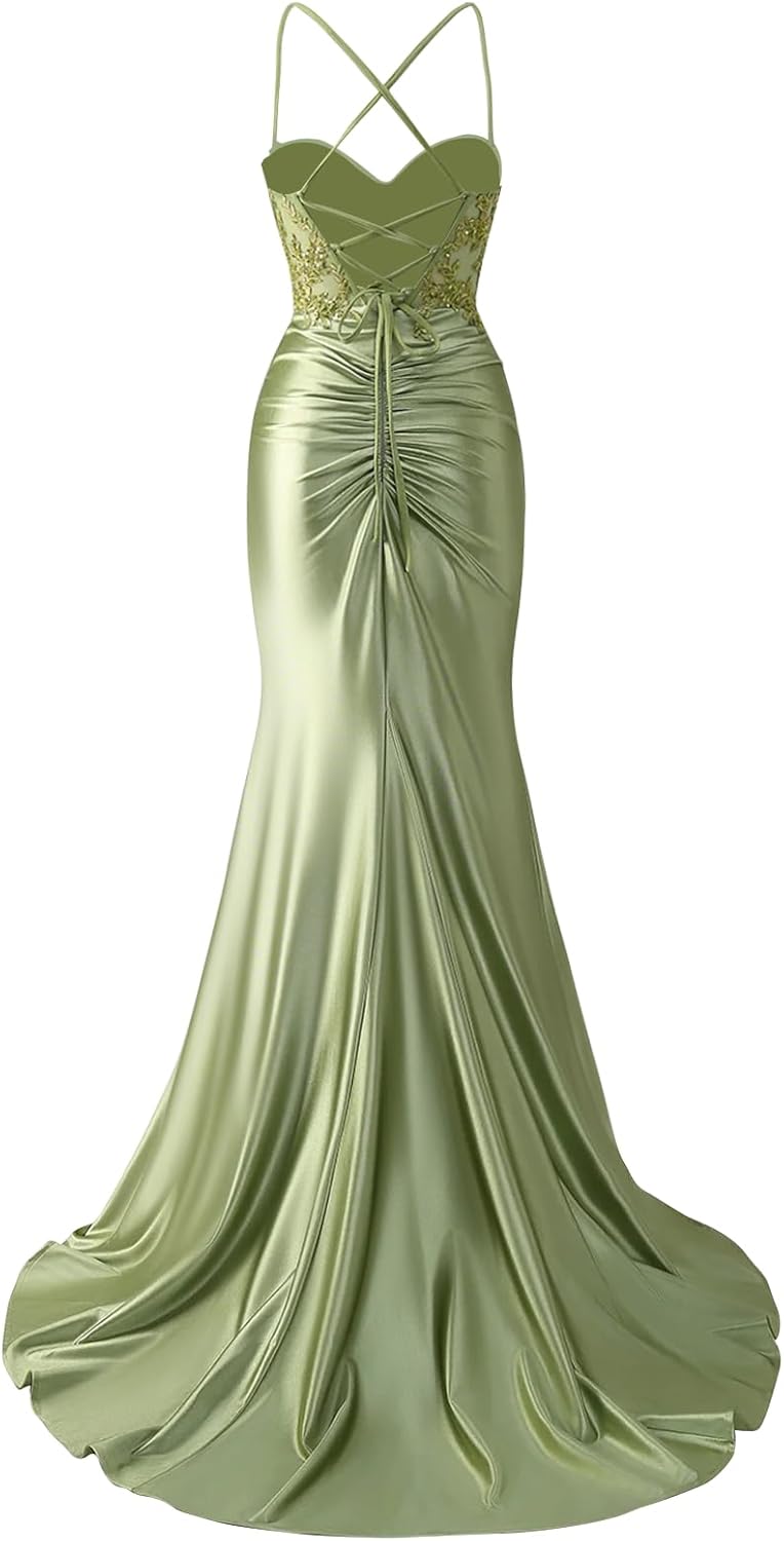 BOLENSYE Corset Prom Dresses Long Satin Lace Appliques Ball Gowns Mermaid Evening Dress with Slit